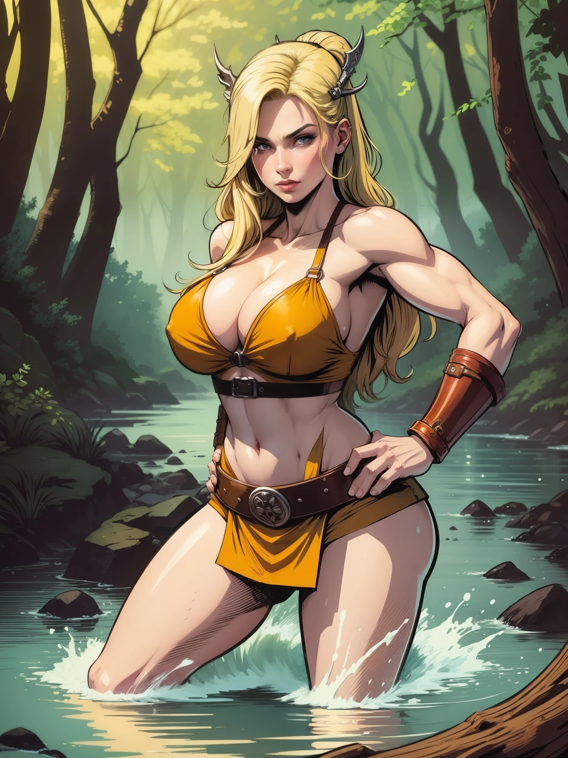 (((COMIC STYLE, CARTOON ART))). Half immersed in RIVER ON FOREST, blonde viking warrior girl, woman in medieval viking combat costume, HOT BODY. Full growth in the frame. higly detailed.