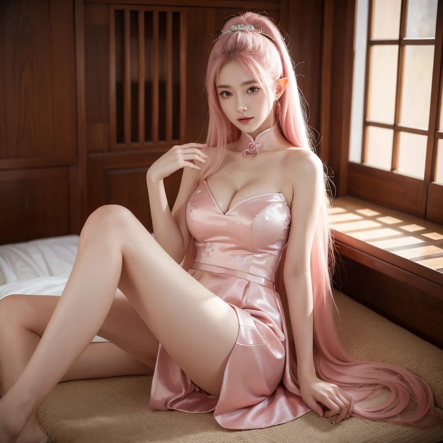 (), (Japanese cartoons,8k,masterpiece, top quality, best quality,Beautiful and beautiful:1.2,Professional illustration:1.1,Ultra-detailed:1.3,perfect lighting), Very detailed, most detailed, Extremely ridiculous, high resolution, Ultra-detaileded, complex:1.6, (girl), noble, (Very detailed的美丽的脸和眼睛), pale skin, perfect body, thigh, big breasts, Large areola, pink eyes, elf ears, pink hair, long hair, straight hair, long skirt, sparse, oily skin, Lovely,
bare shoulders, Chinese dress, Chinese clothes, short skirt, cleavage incision, side breasts, thigh,