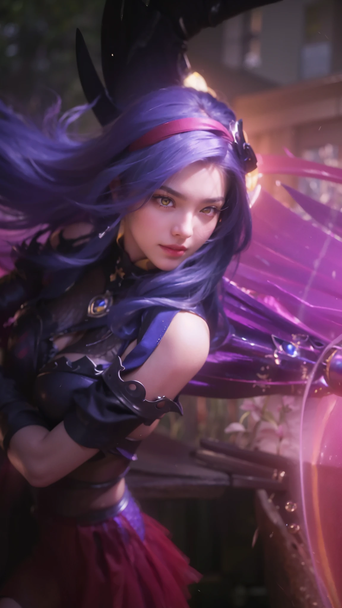 (female:1.2), 8k, ultra hd, ultra detailed texture, hyper realistic, masterpiece, detailed texture, detailed face, detailed skin, detailed lighting, (photorealistic:1.5), best quality, beautiful lighting, cinematic lighting, professional lighting, ultra highres, realistic, detailed hair, real hair, high quality, (realskin:1.5), extremely detailed, finely detail, ultra-detailed, 1girl, solo, flying, (yellow eyes:1.5), v-shaped eyebrow, lips, parted lips, smile, teeth, white skin, nose, pretty, beautiful, make up, cute face, long hair, blue hair, ponytail, large breasts, cleavage, pauldrons, gauntlets, purple bodysuit, Long sleeve, armor shoulder, sword, holding sword, dual wielding, planted sword, \(mobile legends\), depth of field, looking aways, skin tight, amazing pose, glowing, cloud, sky, condensation trail, outdoors, blurry background