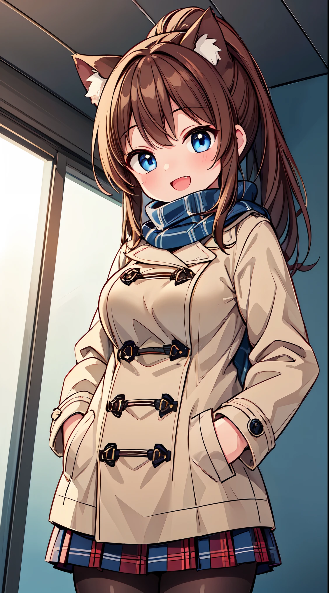 (super fine illustration:1.2),(masterpiece, 8k), (best quality, high quality:1.4), perfect anatomy, hyper detailed, ultra detailed,masterpiece background,beautiful detailed background, v8k wallpaper,perfect design,award-winning art,atmospheric,
BREAK, (Cute:1.5),(Chibi:0.6),(kawaii:1.5),(:0.5),BREAK,1 beautiful girl, (17 years old girl), Very detailed, colourfull, highest details, BREAK, (Huge breasts: 1. 2), Clear skin, Beautiful skin, Shy skin, 1 beautiful girl, (Brown hair:1.75), (Cat ears, Ponytail, medium-Long hair: 1. 2), (Light blue eyes, long eyelashes, Double eyelids: 1. 2),Solo,gleaming skin, Clear skin, Beautiful skin,(best quality face),(Top quality glowing eyes),(The best smile,:D:1.45), nose blush, sleepy, grin, open mouth, skin,Clear skin, Beautiful skin,( A smile:1.5), BREAK
squatting, hands in pocket, close-up thighs, (huge breasts:1.1),
BREAK school uniform, (white collared shirt:1), long sleeves, red neck ribbon, beige cardigan, (navy duffel coat:1.2), (unbuttoned coat:1.2), (red plaid pattern scarf:1.1)
BREAK (blue checked skirt:1.1), black pantyhose,
BREAK outdoors, winter park, snow,
BREAK,wakame,wakame,wakame,(from below,cowboy shot:1.5) , hanging breasts, nose blush, heavy breathing, steam, ((:o):1.2)
BREAK,(Blurry background:1.3),(absurderes, hight resolution, Super Detail Art),cel shading,Clear Color, Lonely optical effect, Beautiful pictures, Bright glow, mystic atmosphere,(Close-up of girl:0.8), Mystical light particle effect,manga influence, clean line drawings