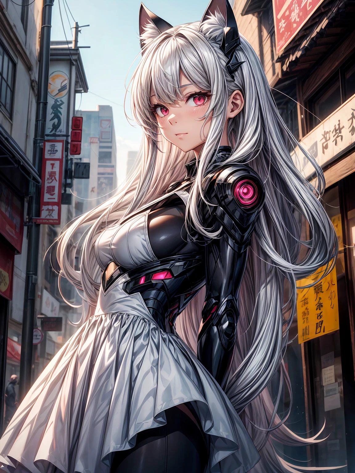 (delicate cartoon style:1.1)、(one girl:1.0)、(:1.0)、(medium breasts:1.2)、outside the house、Day、chinatown、city street、stylish action pose、(wide shot:1.0)、(Depth of bounds written:1.1)、(From the side:0.7)、Blake、(anime face:1.0)、(Clear red eyes:1.0)、(Cybernetic Genoid:1.1)、(highly detailed mecha suit:1.3)、(white gothic cuirass:1.2)、(long silver hair:1.0)、(cat ears:1.0)、(gorgeous pink bump dress:1.2)、laughter、closed mouth、