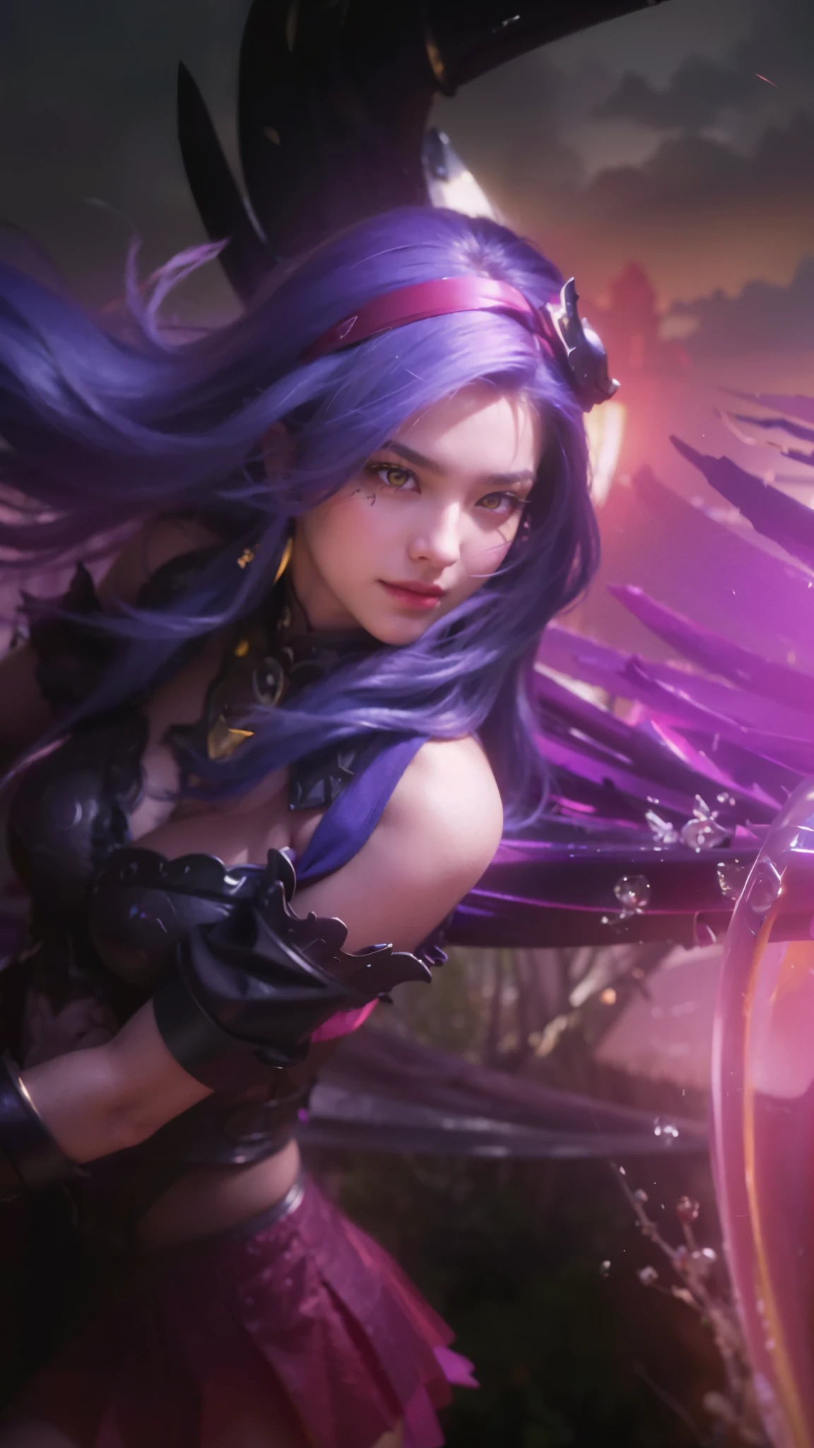 (female:1.2), 8k, ultra hd, ultra detailed texture, hyper realistic, masterpiece, detailed texture, detailed face, detailed skin, detailed lighting, (photorealistic:1.5), best quality, beautiful lighting, cinematic lighting, professional lighting, ultra highres, realistic, detailed hair, real hair, high quality, (realskin:1.5), extremely detailed, finely detail, ultra-detailed, 1girl, solo, flying, (yellow eyes:1.5), v-shaped eyebrow, lips, parted lips, smile, teeth, white skin, nose, pretty, beautiful, make up, cute face, long hair, blue hair, ponytail, large breasts, cleavage, pauldrons, gauntlets, purple bodysuit, Long sleeve, armor shoulder, sword, holding sword, dual wielding, planted sword, \(mobile legends\), depth of field, looking aways, skin tight, amazing pose, glowing, cloud, sky, condensation trail, outdoors, blurry background