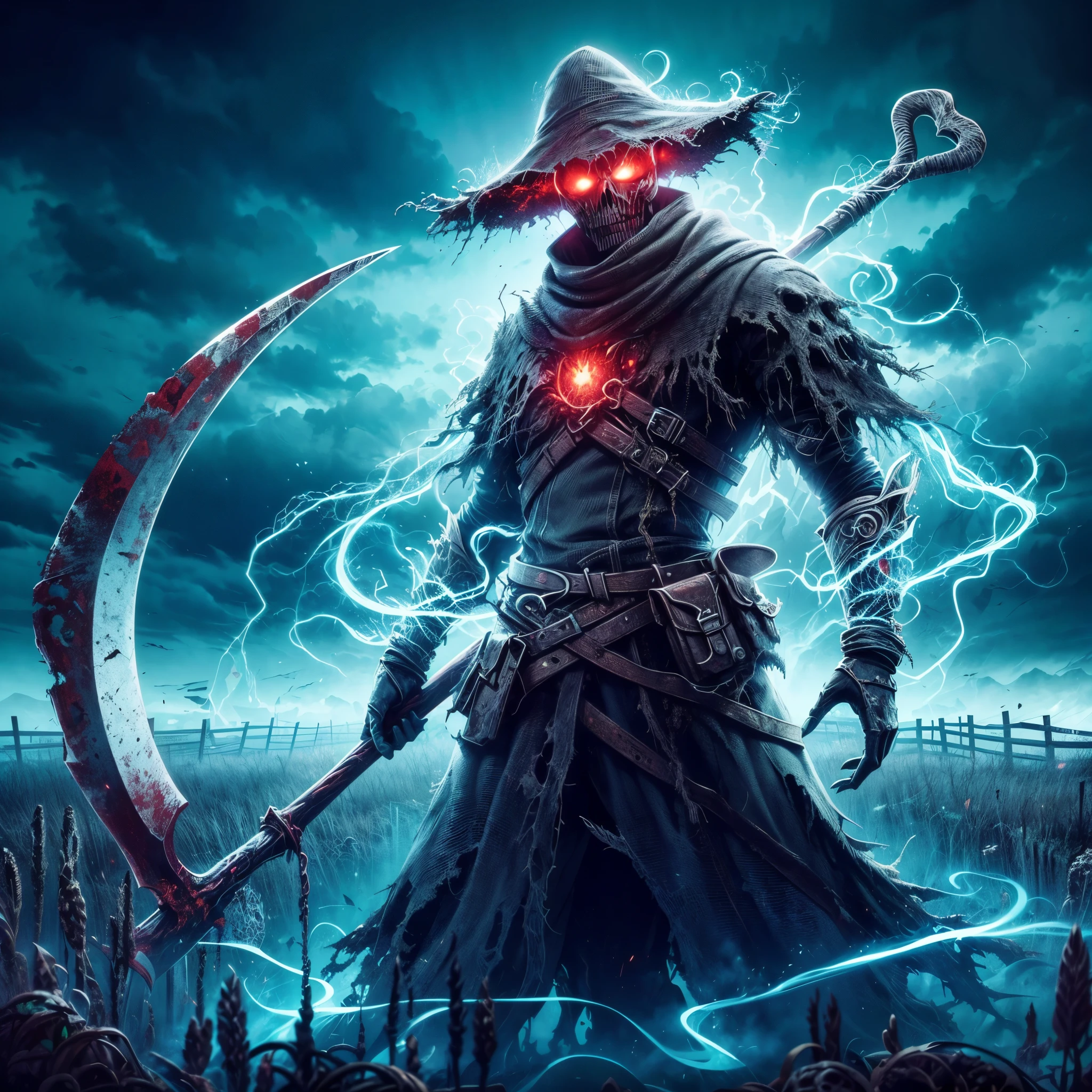 (best quality,4k,8k,highres,masterpiece:1.2),ultra-detailed,realistic:1.37,dark soul boss style,skull face,,Lovecraftian horror,haunted field background,scythe weapon,glowing red eyes,fantasy corrupted farmer outfit,energy cracking around body,battle aura,bloodstained,dynamic lighting,ominous atmosphere,grim and desolate,twisted trees,creepy fog,unsettling shadows,weathered scarecrows,distorted landscapes,haunting whispers,ominous sky,crumbling ruins,ominous storm brewing,lingering sense of darkness,ominous runes,shattered gravestones,mystery and suspense,brutal and intense,dread and fear,gothic elements,oppressive silence,menacing presence,horror-filled ambiance,dark and tormented souls,sinister energy,evoking a sense of doom,nightmare-infused reality