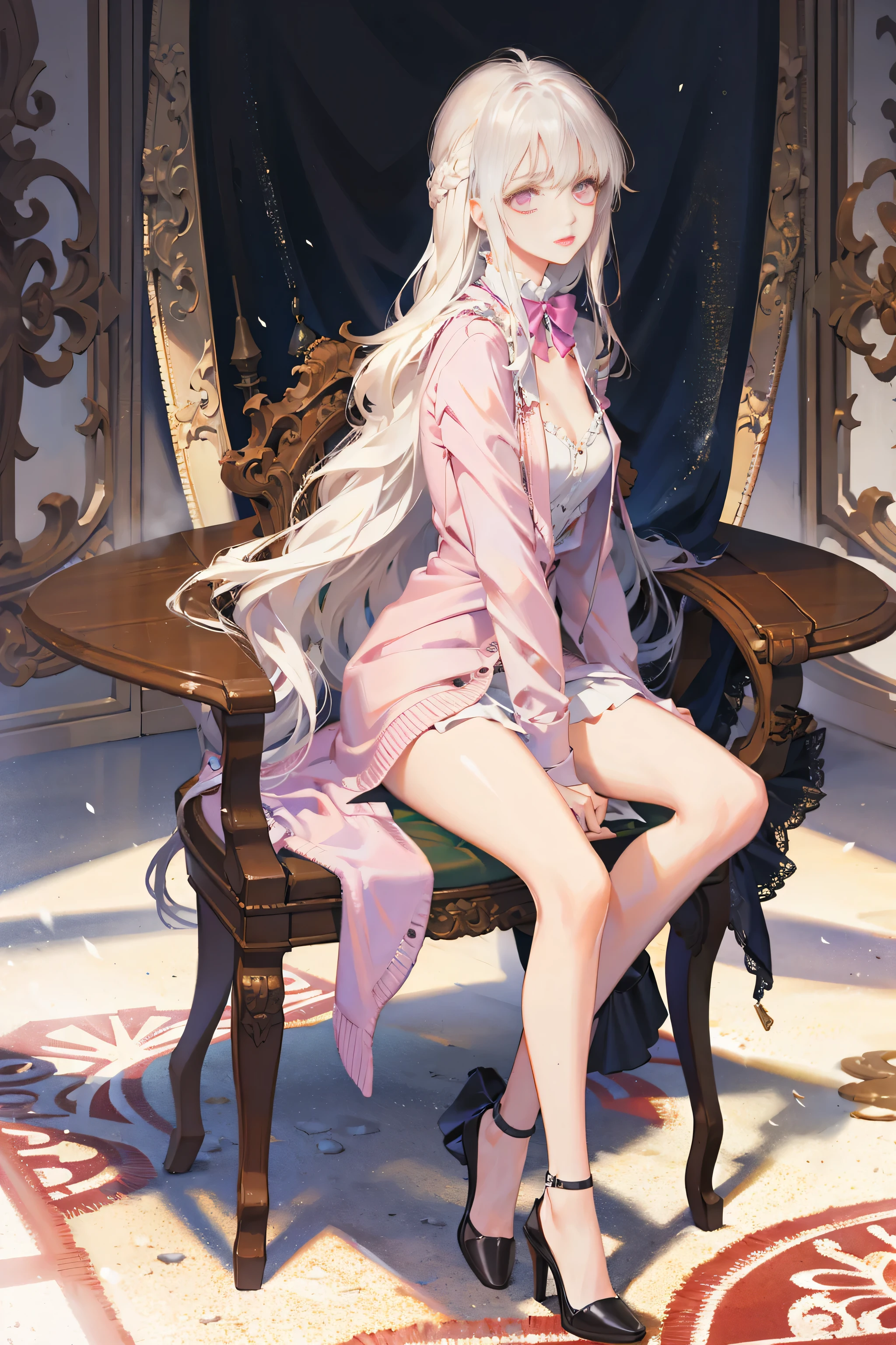 best quality, masterpiece, 1 girl, alone, extremely delicate and beautiful girl, Very detailed, Beautiful and delicate eyes, extremely delicate and beautiful, student, white hair, long hair, pink eyes, medium breasts, Brown cardigan , black stockings, Chair