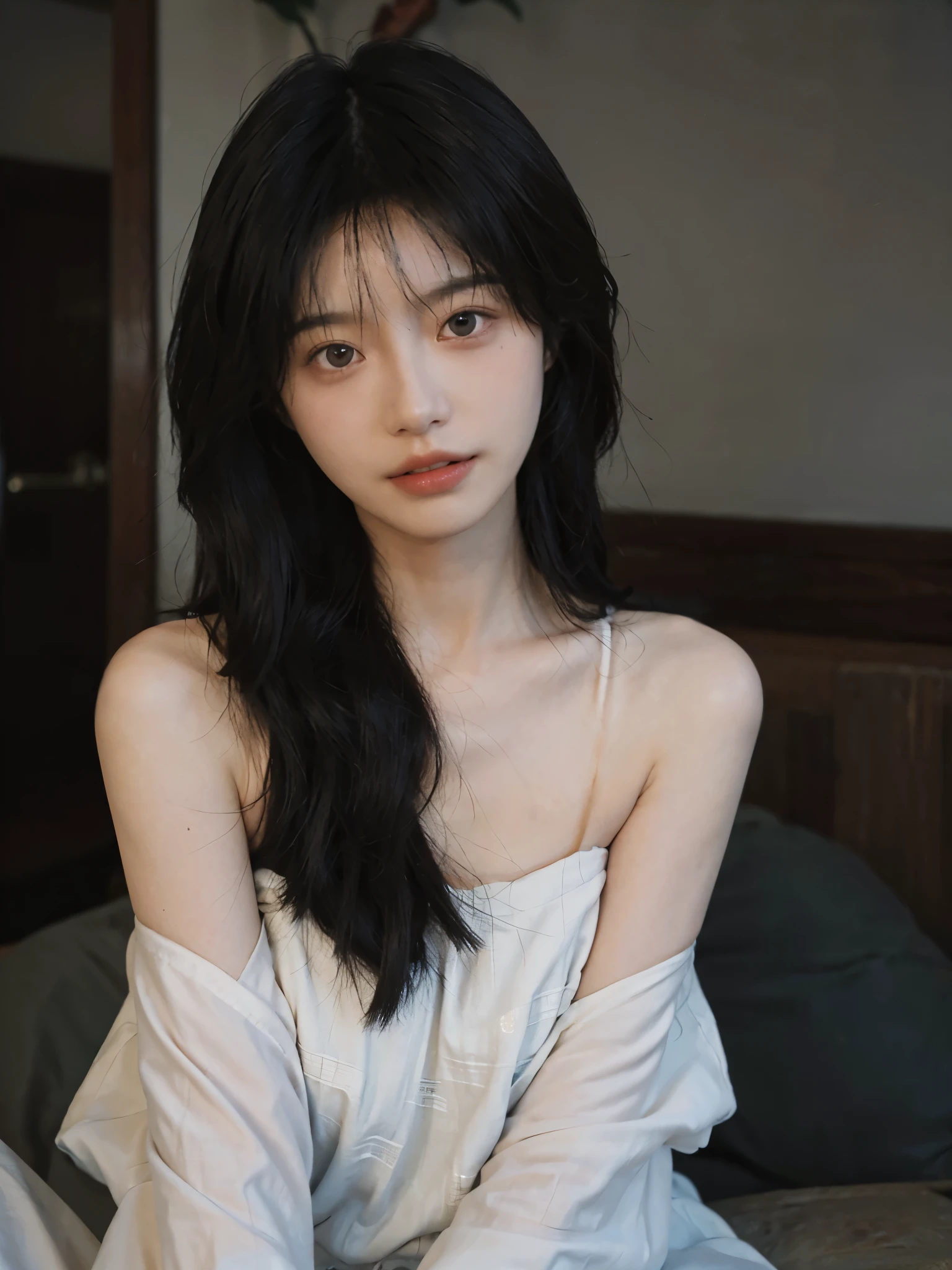 Film portrait photography, 1 girl, bare shoulders, Shoulder length wavy hair, serene, calm, (Realistic and detailed eyes, natural skin texture, Realistic facial details), Soft dramatic lighting, depth of field, Bokeh, Vibrant details, Detailed and detailed, surreal, 35mm film, hazy, ,