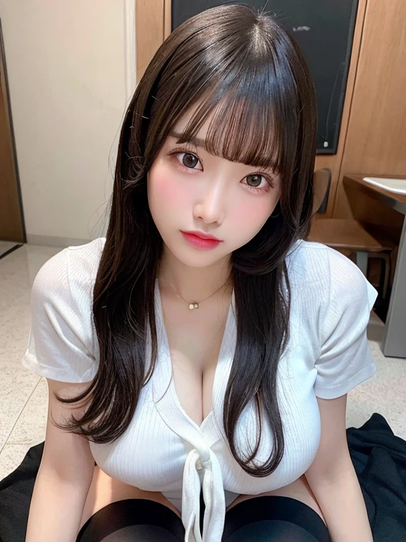 ((masterpiece)), (realistic: 1.2) masterpiece, 最high quality, high quality,High resolution,white skin,perfect body, 最high quality, ultra detail,big breasts,show your skin,Show cleavage, Mature,beautiful, black hair, long hair, With bangs,school uniform,over knee socks,glowing skin,Bewitching,foot, very detailed, parted lips