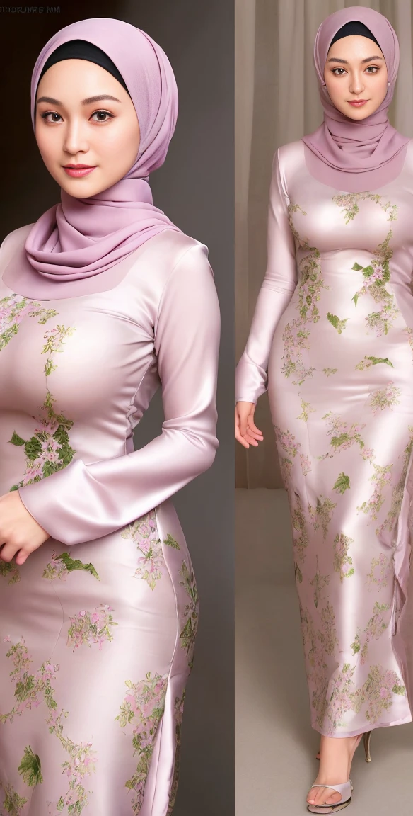 Luna Maya, slim faces, (RAW photo:1.2), (photorealistic:1.4),(masterpiece:1.3),(best quality:1.4),ultra high res,(detailed eyes),(detailed facial features),(detailed clothes features),HDR,8k resolution, skin tight, (((high detailed skin,visible pores))),1 girl, tall body, slim faces, body abs:1.2, , 30 years old, gigantic breast:1.4, wearing tight close beie pastel floral silk malay gamis with hijab, full body, beautiful shy smile, wearing high heels