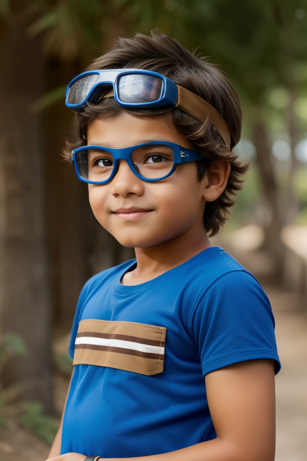 ((((10-year-old)) Tai)), boy with brown eyes and brown messy voluminous hair, wearing brown cargo shorts, a blue t-shirt, and a blue headband with goggles