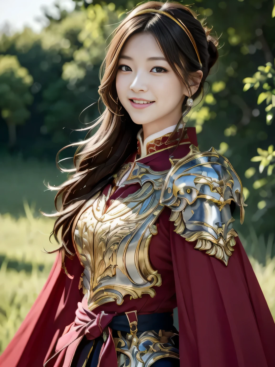 Chinese female general,,Detail the eyes,Crimson cape, metal pauldron,Metal armor,Breasts are full and erect,Gold hairband,majestic,Smile(open mouth)(The corners of the mouth are raised),、(Hair in a bun:1.5),(Hair bun raised high)。wilderness background(grassland background)