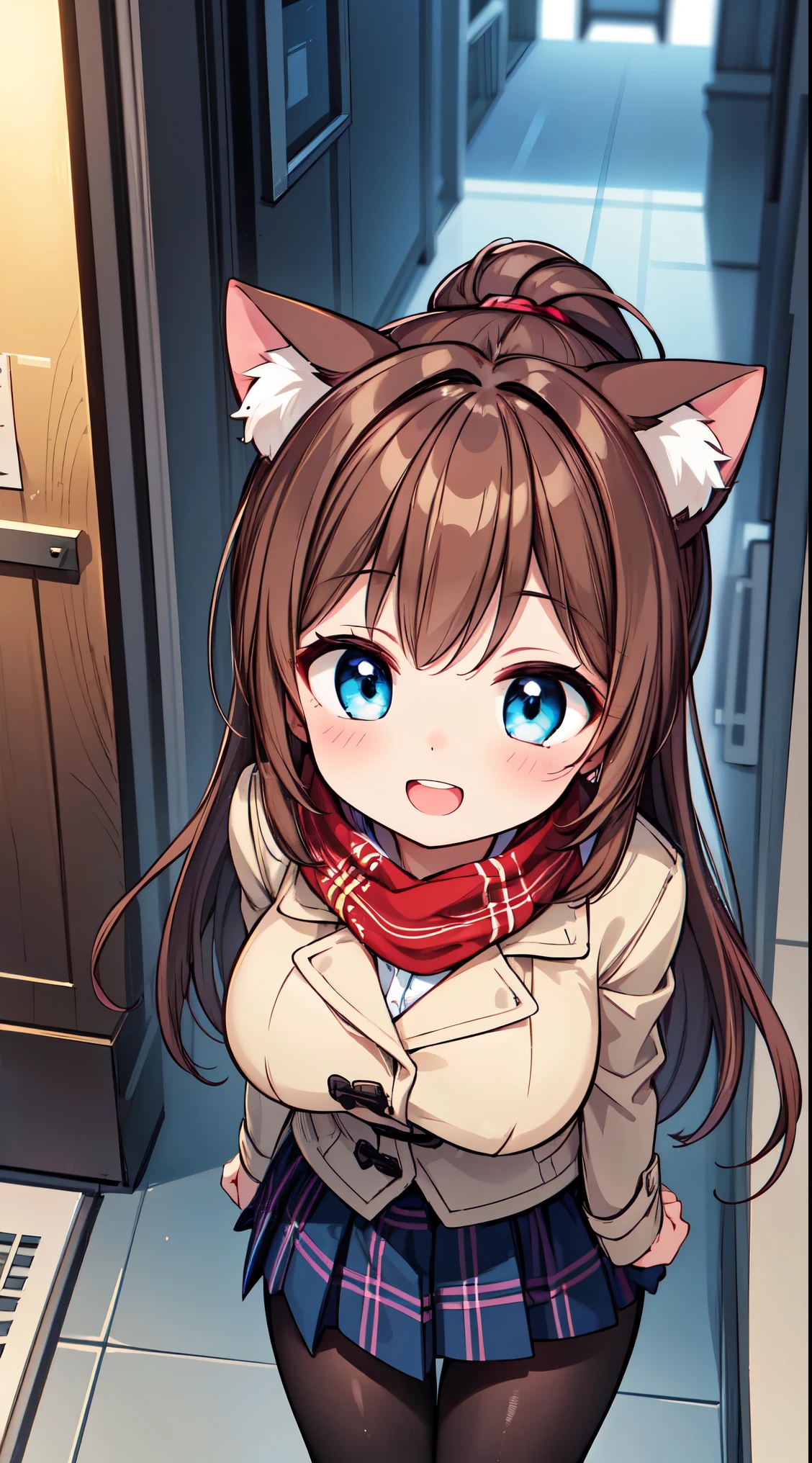 (super fine illustration:1.2),(masterpiece, 8k), (best quality, high quality:1.4), perfect anatomy, hyper detailed, ultra detailed,masterpiece background,beautiful detailed background, v8k wallpaper,perfect design,award-winning art,atmospheric,
BREAK, (Cute:1.5),(Chibi:0.6),(kawaii:1.5),(:0.5),BREAK,1 beautiful girl, ( years old girl), Very detailed, colourfull, highest details, BREAK, (Huge breasts: 1. 2), Clear skin, Beautiful skin, Shy skin, 1 beautiful girl, (Brown hair:1.75), (Cat ears, Ponytail, medium-Long hair: 1. 2), (Light blue eyes, long eyelashes, Double eyelids: 1. 2),Solo,gleaming skin, Clear skin, Beautiful skin,(best quality face),(Top quality glowing eyes),(The best smile,:D:1.45), nose blush, sleepy, grin, open mouth, skin,Clear skin, Beautiful skin,( A smile:1.5), BREAK
squatting, hands in pocket, close-up thighs, (huge breasts:1.1),
BREAK school uniform, (white collared shirt:1), long sleeves, red neck ribbon, beige cardigan, (navy duffel coat:1.2), (unbuttoned coat:1.2), (red plaid pattern scarf:1.1)
BREAK (blue checked skirt:1.1), black pantyhose,
BREAK outdoors, winter park, snow,
BREAK,wakame,wakame,wakame,(from above,cowboy shot:1.5) , hanging breasts, nose blush, heavy breathing, steam, ((:o):1.2)
BREAK,(Blurry background:1.3),(absurderes, hight resolution, Super Detail Art),cel shading,Clear Color, Lonely optical effect, Beautiful pictures, Bright glow, mystic atmosphere,(Close-up of girl:0.8), Mystical light particle effect,manga influence, clean line drawings