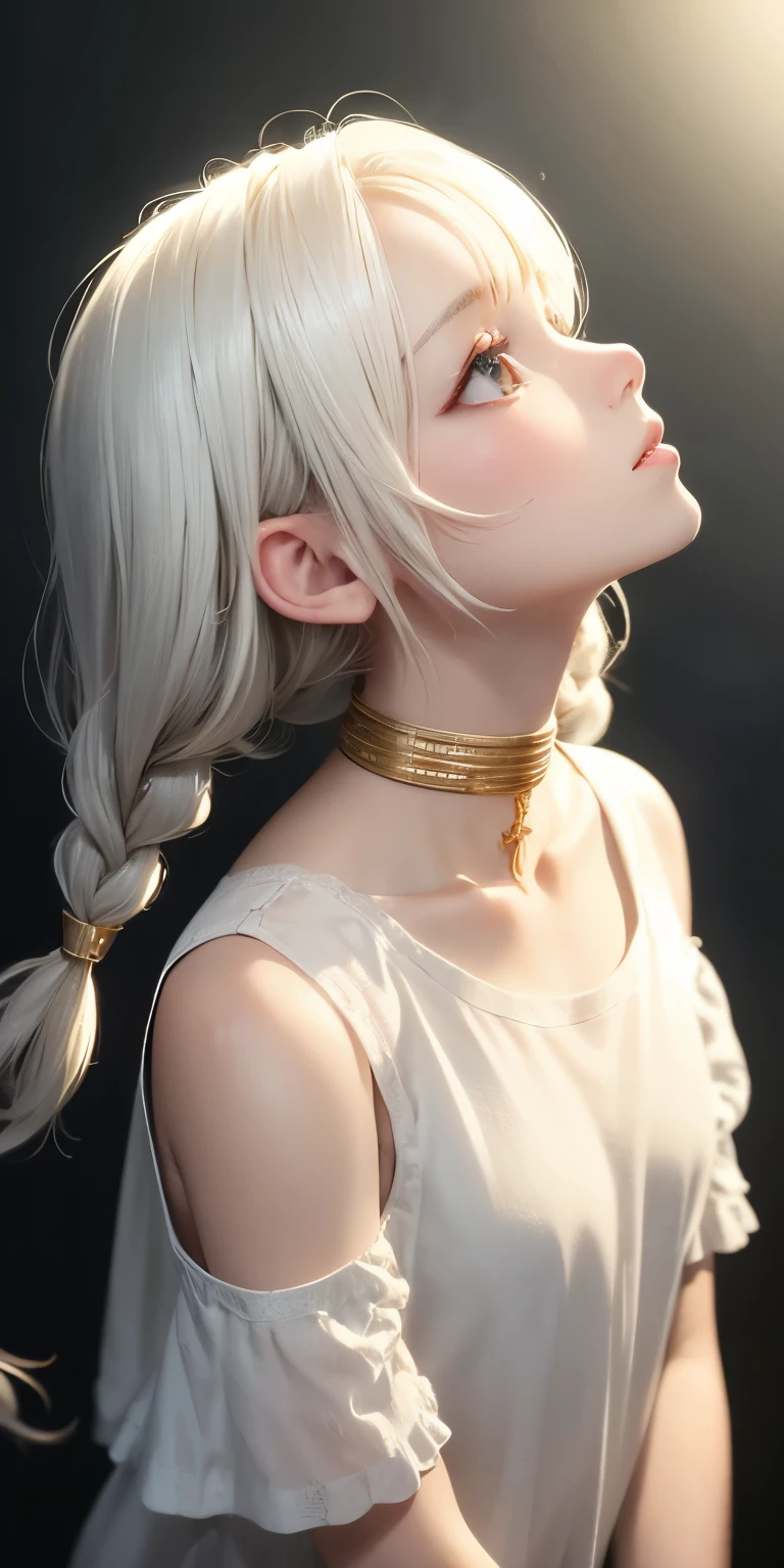best quality, masterpiece,white hair, gold eyes,white clothes, looking up, upper body,hair strand,Fair skin,side braids