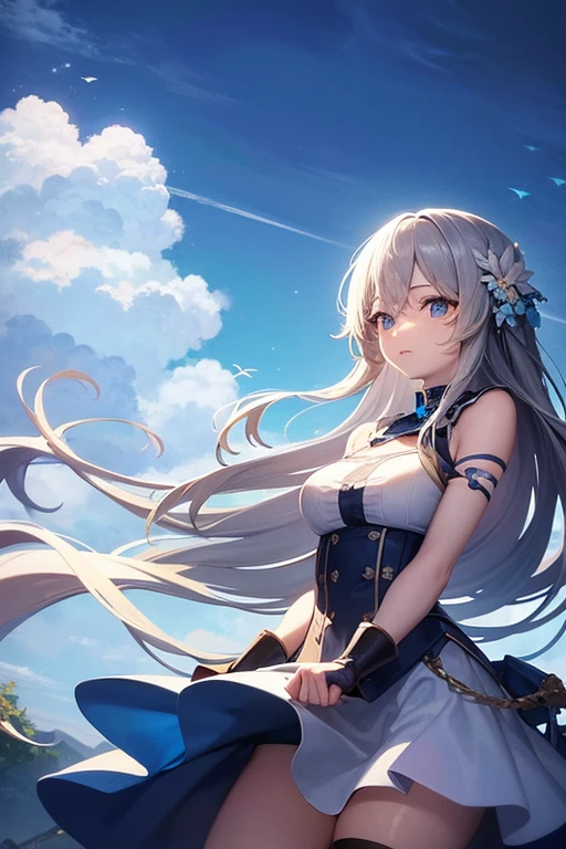 Anime girl with white hair and blue dress walking in the sky, Melhor Anime 4K Konachan Wallpaper, estilo anime 4K, kantai collection style, trending on artstation pixiv, 4 k manga wallpaper, Impacto de Ayaka Genshin, Guweiz em Pixiv ArtStation, cushart krenz arte chave feminina, Anime Art Wallpaper 8K