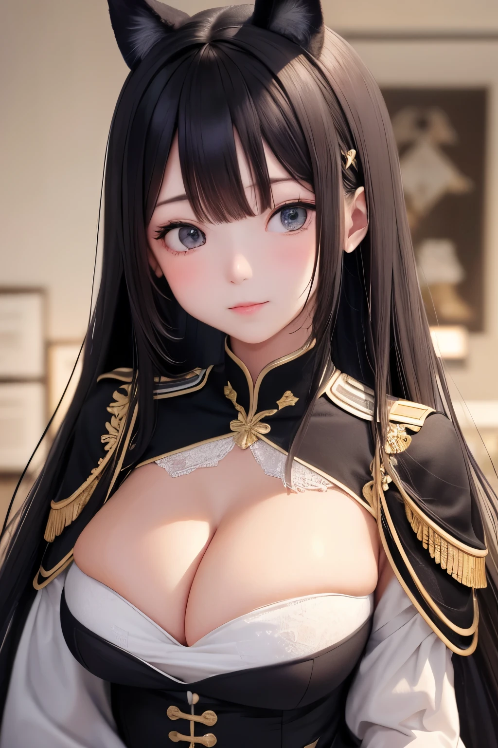 Girl group队长,small smile,Girl group，Girl group队长 uniform, (((masterpiece))), (((best quality))), ((Super detailed)), (illustration), ((extremely delicate and beautiful)),(Bokeh,blurred background),(best shadow), 1 girl,White, black hair, long hair,Change, Shiny highlights on eyes, Character focus,head tilt,Giant breasts，giant ，sexy
