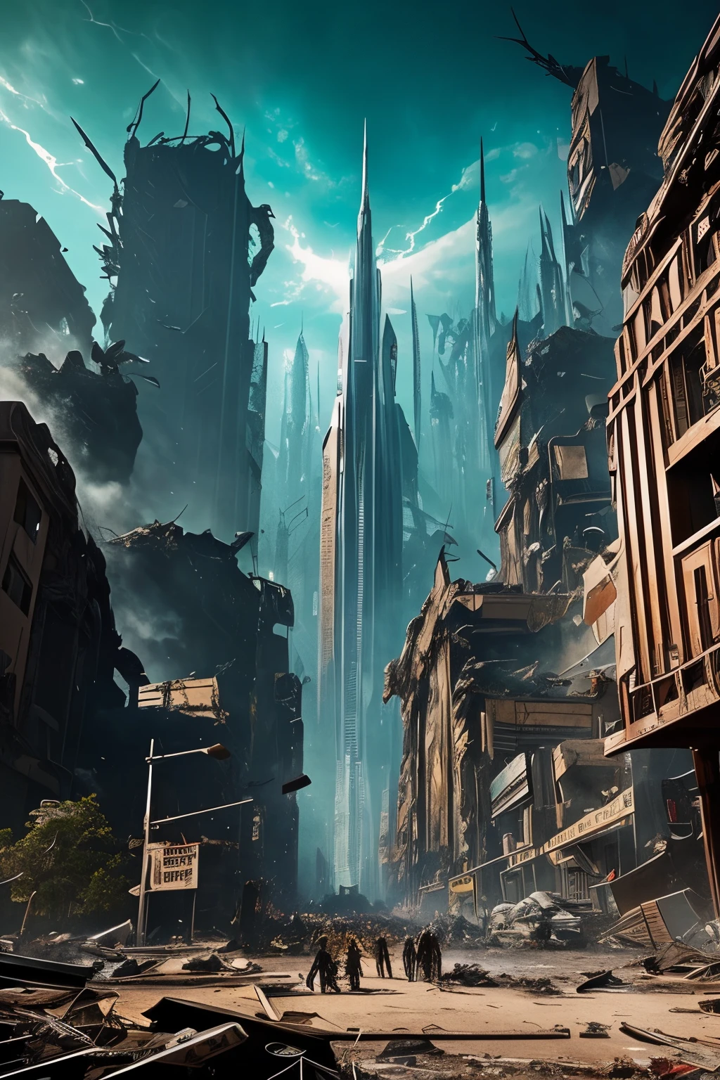 A masterpiece of an alien invasion scene in 8k HDR, featuring a creepy and intense atmosphere with sunny daylight and clear azure blue sky contrasting against the chaos below. Dramatic bright lighting illuminates the intricately detailed and complex scenery, where advanced extraterrestrial technology and towering insectoid monsters wreak havoc on a once peaceful city. Desperate groups of anxious people try to escape from the imminent extinction, their expressions etched with panic and fear. The intricate detail and ultra fine render textures bring to life every terrifying element of this thrilling scene--from the destructed buildings and shattered vehicles, to the grotesque alien inv