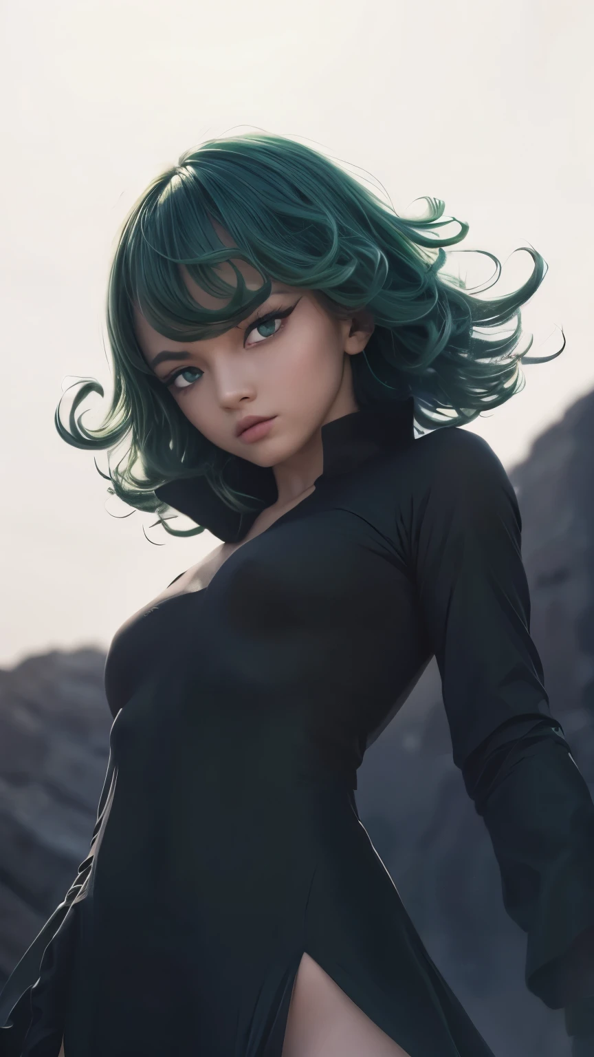 (masterpiece, best quality:1.2), cowboy shot, solo, 1girl, tatsumaki, unamused, closed mouth, looking at viewer, crossed arms, black dress, blue sky, clouds