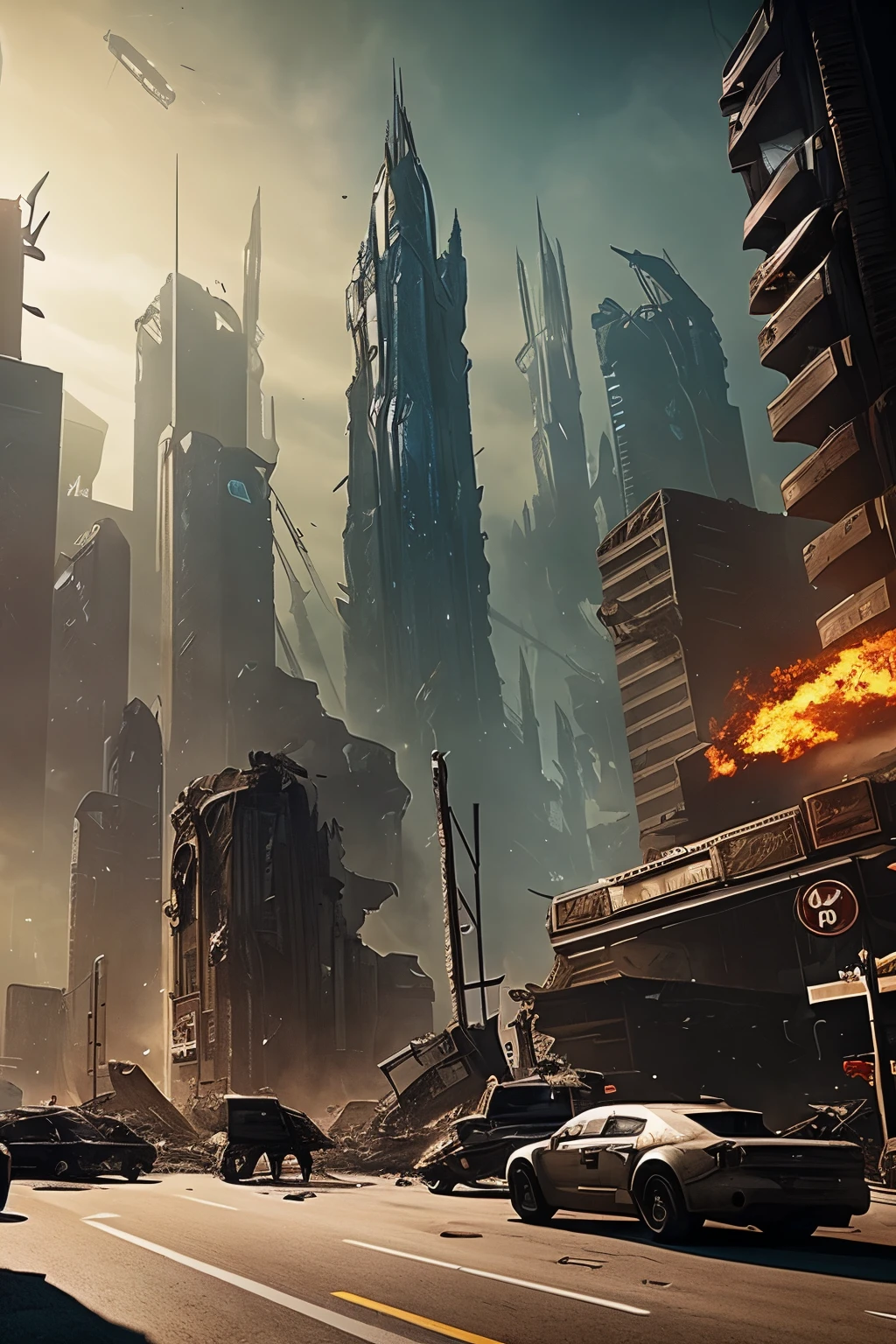 A masterpiece of an alien invasion scene in 8k HDR, featuring a creepy and intense atmosphere with sunny daylight and clear azure blue sky contrasting against the chaos below. Dramatic bright lighting illuminates the intricately detailed and complex scenery, where advanced extraterrestrial technology and towering insectoid monsters wreak havoc on a once peaceful city. Desperate groups of anxious people try to escape from the imminent extinction, their expressions etched with panic and fear. The intricate detail and ultra fine render textures bring to life every terrifying element of this thrilling scene--from the destructed buildings and shattered vehicles, to the grotesque alien inv