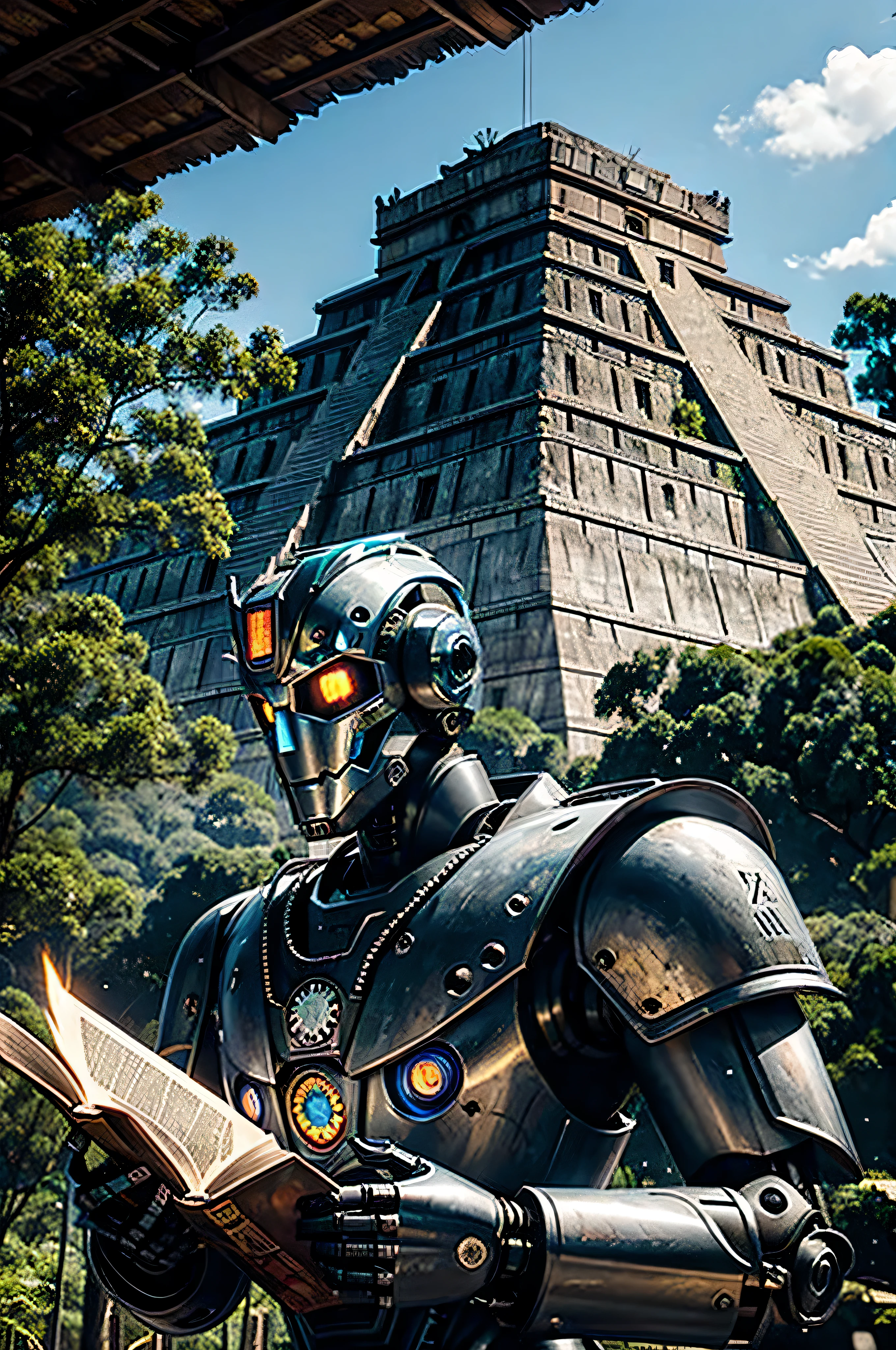 All metal robot, bright lights, Read a book at the foot of an Aztec pyramid surrounded by forest.