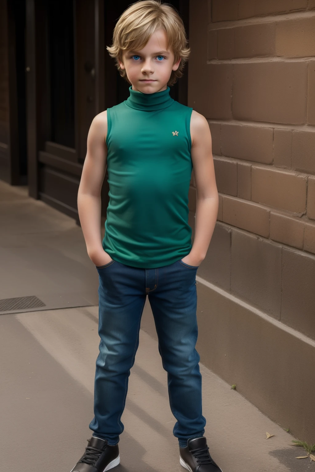 full body, ((((-yeld)) t)), boy with blue eyes and blonde spiky messy hair, wearing dark blue jeans, a green sleeveless turtleneck t-shirt, brown gloves. serious expression, cool pose