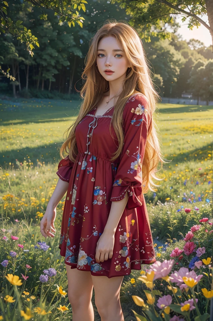 A young girl with long, flowing golden hair and bright blue eyes, wearing a vibrant red dress with floral patterns, standing in a sunlit meadow surrounded by colorful wildflowers. The scene is depicted in a dreamlike, ethereal style, with soft lighting and a sense of tranquility. This stunning digital artwork is inspired by the works of artists such as Jasmine Becket-Griffith and Kinuko Y. Craft, and is rendered in high resolution (4k) for optimal detail and clarity.