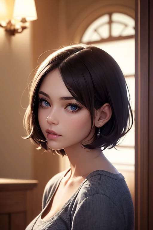 (masterpiece:1.4), (Best quality:1.4), extremely detailed, difficult, hyper detailed, illustration,soft lighting, picturesque, ****ung girl, Very dark hair, Blue eyes, Short haircut bob, dark thick eyebrows