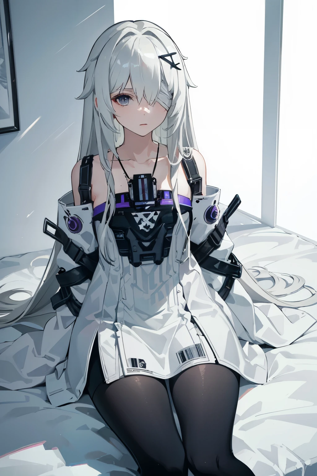 (best quality:1.3), (masterpiece:1.3), (illustration:1.3), (ultra-detailed:1.3), 1girl, solo, white hair, long hair, (((gray eyes, bandage over one eye,))) white dress, suspenders, bare shoulders, detached sleeves, sleeves past fingers, gradient leggings, black pantyhose, hair ornament, x hair ornament, indoors, sitting, close up,