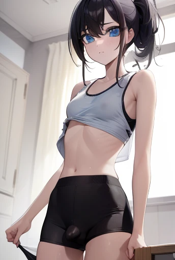 (((((ultra-detailed, disheveled hair, beautiful detailed eyes, beautiful, amazing, detailed eyes, detailed glans, detailed small penis, perfect hands, masterpiece, best quality))))), (first_person_view), solo_focus, shiny skin, ((pov, Angle from above)), break,
(((1cutemales))), solo, hetero, (((short stature))), Thick thighs, ((medium layered ponytail hair, blue eyes)), orgasm, loves smile, Estrus face, (sweaty), break, (((clothed, wear clothes, clothing, White tank top, short pants))), (bulge), ((puffy nipple bulge, small cute testicles bulge, femboy bulge)), (Body line is emphasized), break, (location, indoor, private training room, training in progress),