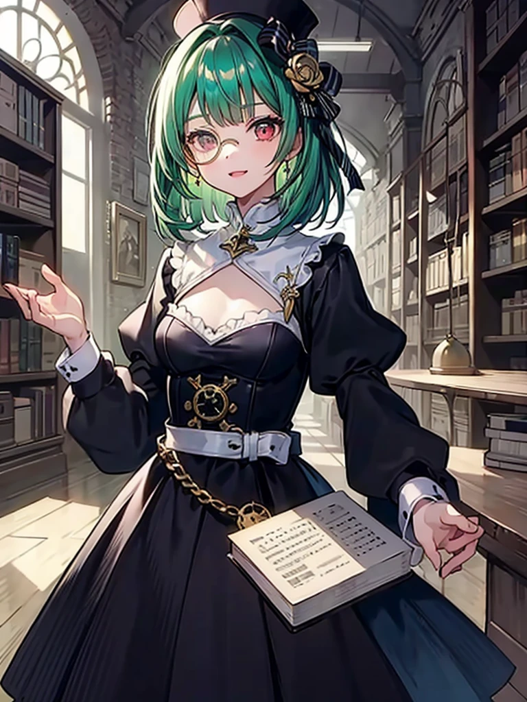 （（（masterpiece、Highest image quality、highest quality、highly detailed unity 8ｋwallpaper）））、（（Illustration of one girl、upper body））、（（（beautiful girl）））、（librarian）、（Emerald green hair、messy hair、sidelocks：1.2、red eyes、crazy smile）、（（（flat chest）））、（（（monocle）））、pocket watch、（（（Black top hat、Black tuxedo、belt）））、great medieval library、Large amount of books