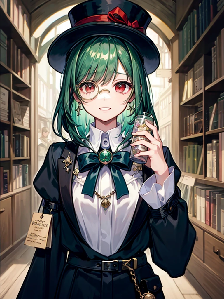 （（（masterpiece、Highest image quality、highest quality、highly detailed unity 8ｋwallpaper）））、（（Illustration of one girl、upper body））、（（（beautiful girl）））、（librarian）、（Emerald green hair、messy hair、sidelocks：1.2、red eyes、crazy smile）、（（（flat chest）））、（（（monocle）））、pocket watch、（（（Black top hat、Black tuxedo、belt）））、great medieval library、Large amount of books