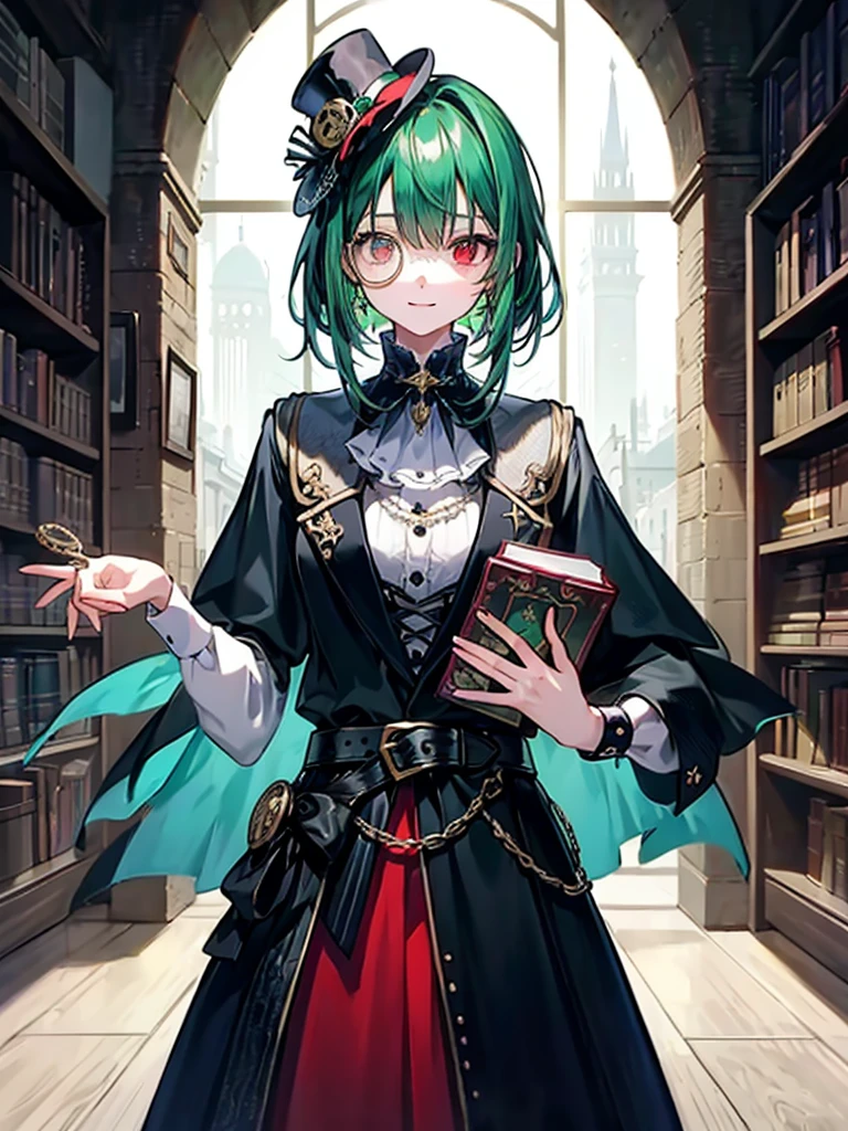 (((masterpiece、Highest image quality、highest quality、highly detailed unity 8kwallpaper)))、((Illustration of one girl、upper body))、(((beautiful girl)))、(librarian)、(Emerald green hair、messy hair、sidelocks:1.2、red eyes、crazy smile)、(((flat chest)))、(((monocle)))、pocket watch、(((Black top hat、Black tuxedo、belt)))、great medieval library、Large amount of books