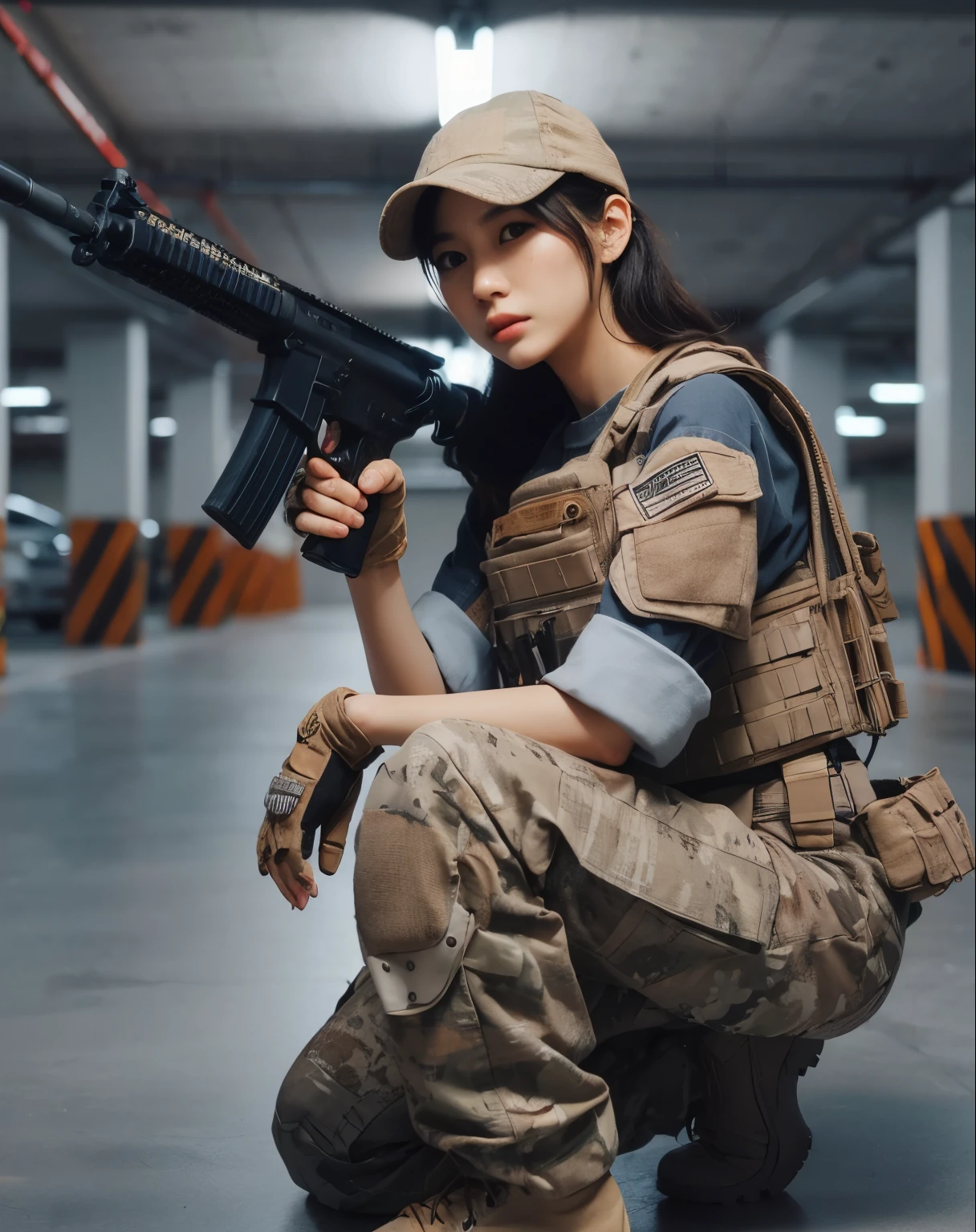 Photoreal、realistic skin texture、automatic rifle