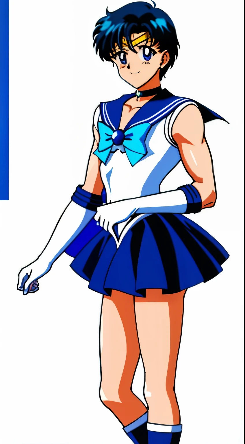 Top Quality Anime Art、masterpiece、high definition anime art、アニメstyle8K、High resolution、Boy standing、Very short blue-haired boy、jewelry、Blue-eyed boy、Golden Circlet、earrings、solo、Strong muscles、Sailor Senshi Uniform、Muscular and strong、white gloves、elbow bag、blue choker、Blue Heeled Boots、white leotard、high leg leotard、white dress、blue sailor collar、Sky blue bow tie、mini skirt、pleated skirt、blue skirt、muscular man、smile、Bare shoulders、bare legs、Hymns to the King as a Prince, an retro anime image、Full body close-up shot、anime dick. Rogue Anime Boy、soft lighting、(1990s\(style\)0.9)、