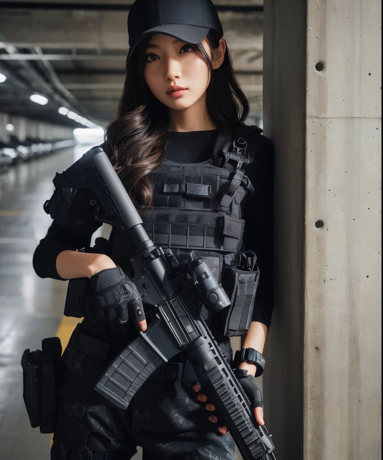 Photoreal、realistic skin texture、automatic rifle