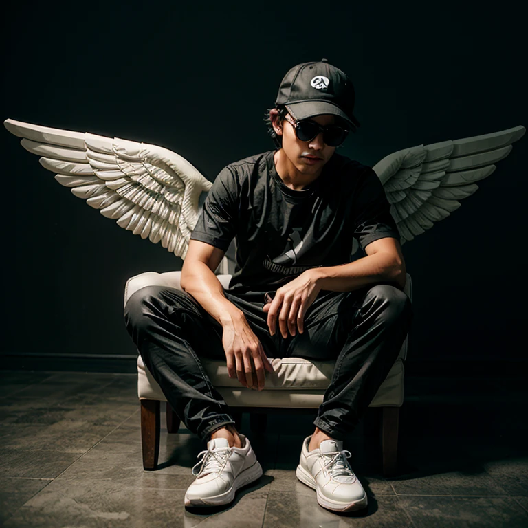 Create a 3D illusion for a Instagram profile picture where a boy in a black shirt sits casually on a Wingback Chair. Wearing sneakers, a black cricket cap, and sunglasses, he looks ahead. The background features "ANIL " in big and capital white fonts on the black wall. There should not be his shadow, and there are wings to make it appear as if he is an angel.