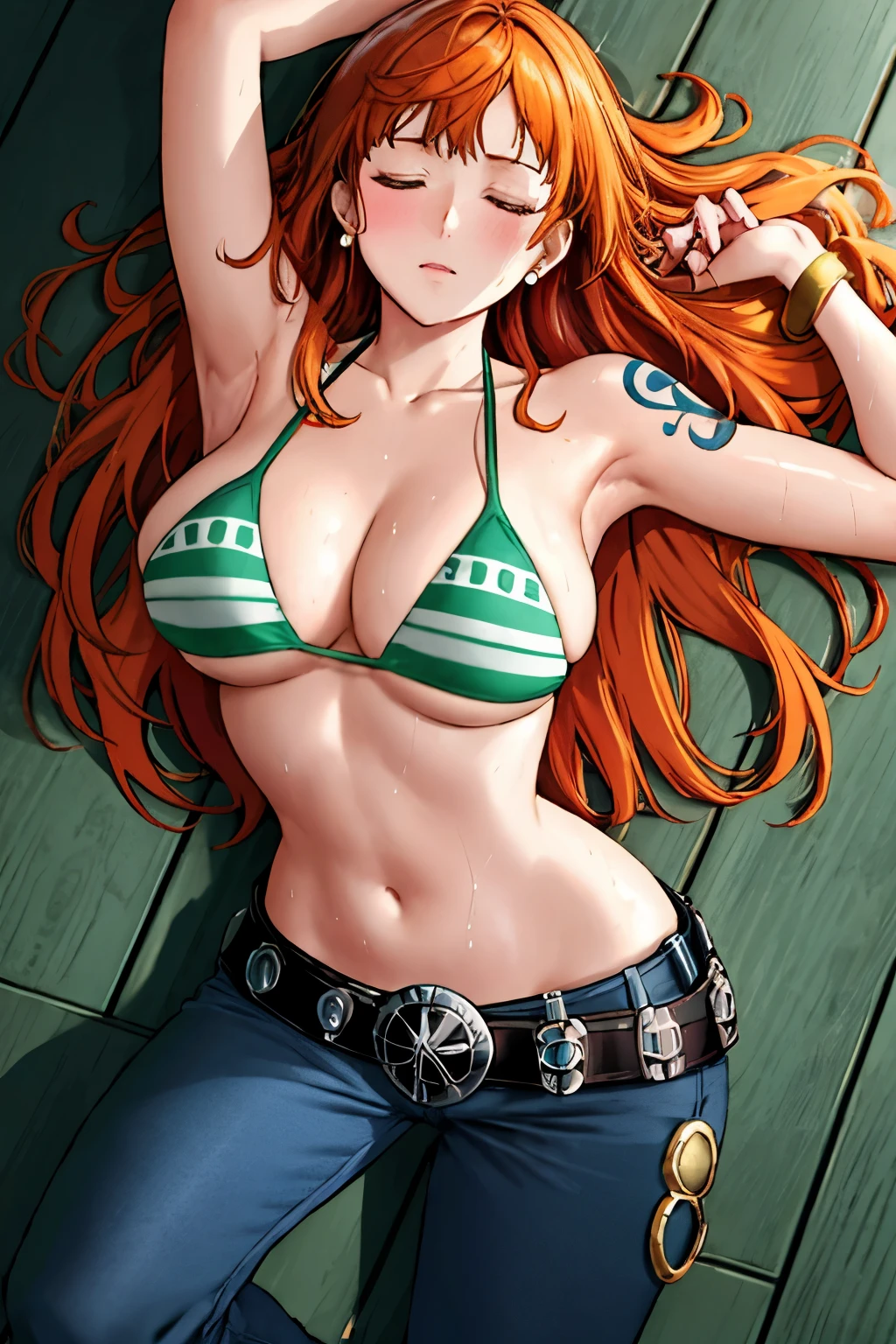 Ship deck detailed background, 상stomach 뷰 샷, masterpiece, 4K, epic, best quality, 늦은 request소년, adult, , athlete&#39;s body, 1 woman, ((wide dehisce, On the deck, Stunned, lying down completely, Lying on her back, Fall down, closed eyes, (both hands on the floor, Hand down, straight elbows, stomach로 향, turn your head to the left))) , alone, Us \(One Piece\), 1 woman, bangle, (Very wet, Drenched in sweat, sweating all over, Very Missy Hair, tired, dehisce, exhausted, Sweaty face, sweaty body, contusion, injury, feeling hot, sweating too much, Glittering sweat, Serious, ache, glaring, closed eyes, looking for, Perfect, detailed face, Round face, Sweat on Face) Draw bold lines, muscular arms, Detailed and thick arm lines, Flat chin, adult woman, wavy wide striped bangs, floating bangs, (Big cheeks), bare shoulders, off shoulder, belt, bikini, bikini top only, bracelet, Elastic breaeast lineround eyes, very large brown shiny eyes, foam, 높은 눈 stomach치, split, afternoon, request, earring, floating hair, shiny hair, green belt, green bikini, Thick groin line, requestpants, bijouterie, ((medium chest)), Log Pose, long hair, looking at viewer, long belly button, wet hair,nge hair, pants, shoulder Tattoo, side lock, sky, alone, stomach, swimsuit, Tattoo, detailed arm, large forehead, hourglass shape, small head, A toned body, Broad head, wind effect, The Sun Effect, Under the sun, Narrow small ear angle, Previous