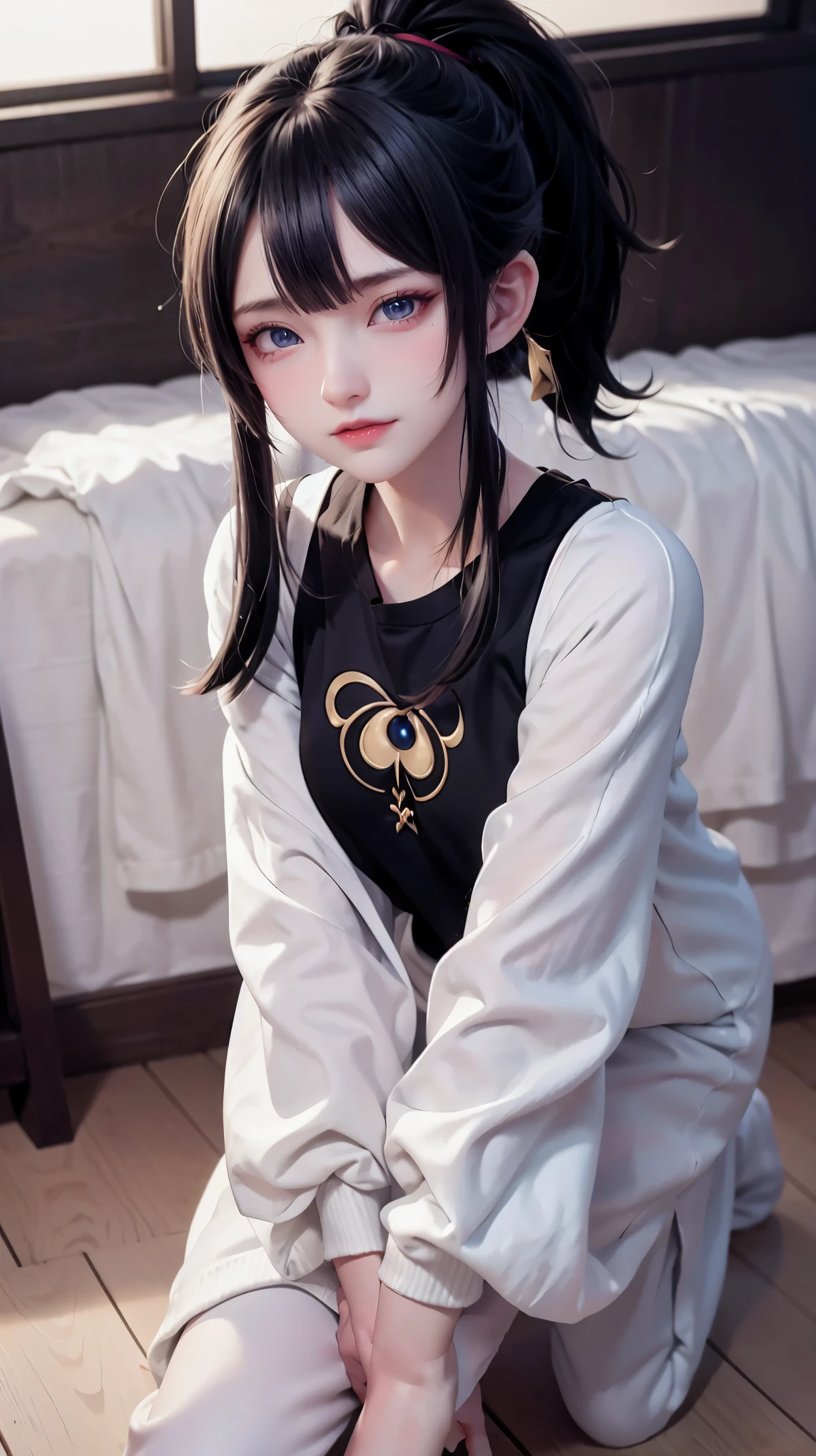 1girl, solo, masterpiece, best_quality, photoshoot, looking at camera, young adult gardevoir, tired expression, pokemon, pokemon (game), game freak, nintendo, (porcelain skin), blue eyes, (black hair), (messy hair in ponytail), black cardigan, baggy tshirt, black sweatpants, gen 3 pokemon, pokemon (creature), white skin, concrete background, leaning 