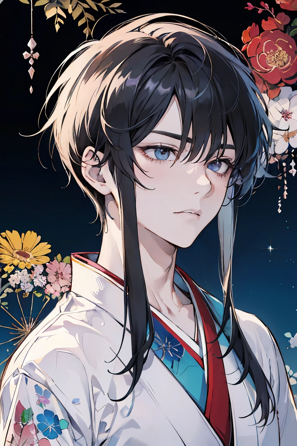 ((melhor qualidade)), ((obra de arte)), (detalhado), rosto perfeito anime homem bonito, cabelo preto detalhado solto, fios de cabelo, kimono Vermelho, roupa japonesa, cabelo longo, rosto perfeito, serious expression