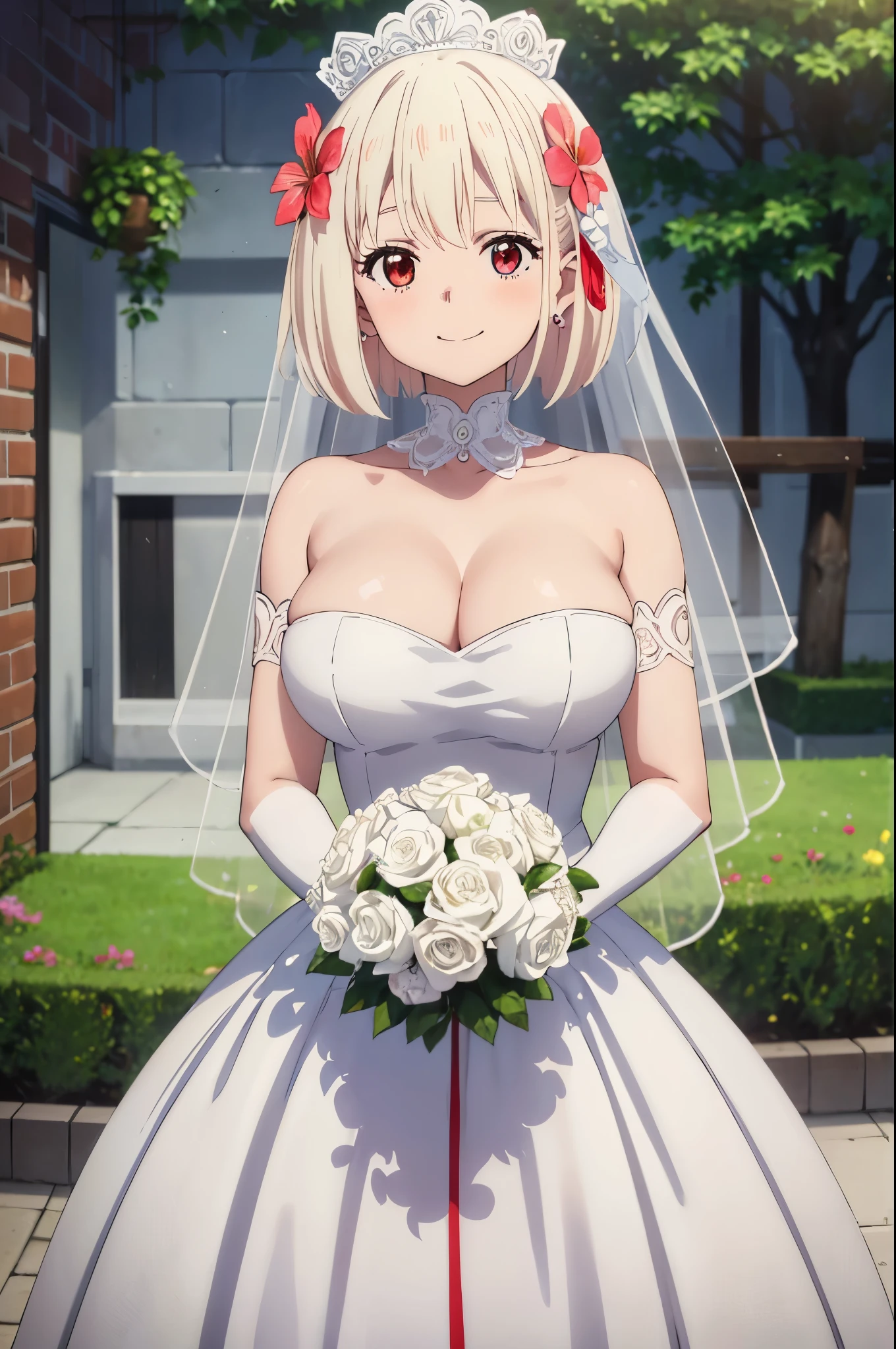 (((Pixel perfect, Perfect details))), alone, 1 girl, Chisato Nishiki,looking at the audience, Smile, Upper body, Close-up of beautiful bride wearing beautiful wedding dress,Gurwitz,(bridal veil:1.5），（Transparent short veil：1.5），Blushing face，Head flower，headgear，（tube top wedding dress：1.5），（Silk dress：1.2）,（Strapless wedding dress：1.5）,pure white dress，necklace，earrings，(large breasts:1.3)，Deep V peach heart collar wedding dress，Bangs，lipstick，（lace gloves：1.3）,whole body照,High detail RAW color art,Long white dress，whole body，Place your hands behind your back，