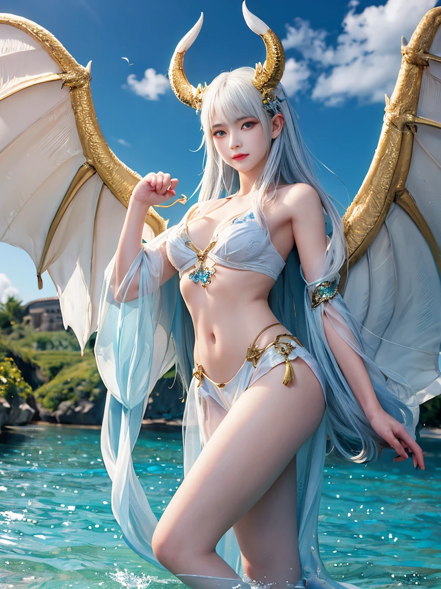 Close-up of a woman with white hair and stunning face,White-haired God,huge ,epic beautiful characters,Amazing goddess,long legs,Yuzu控,nipple,whole body,horns on head,鳞片布满whole body,Wings are born on the back,Dragon Queen,dragon girl,no clothes,上半身no clothes,下半身no clothes,whole body都有鳞片,Yuzu,Scales wrap the body,whole body,Yuzu,whole body裸体,3D