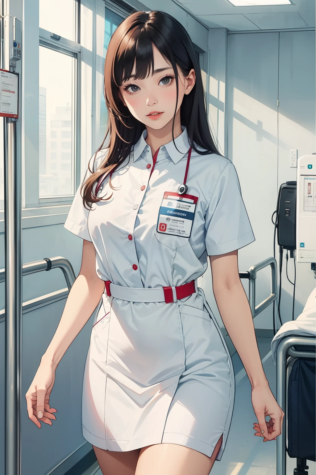 ((Highest quality, 8k, The pieces fly: 1.3)), beauty, One Japan, nurse, whole body, Perfect Anatomy, Are standing, Black Hair, Blunt bangs, Low ponytail, 20-year-old, Face Focus, Detailed face, Highly detailed lips, Beautiful Eyes, Sweaty skin: 1.2, nurse uniform, Light blue dress, nurse cap,