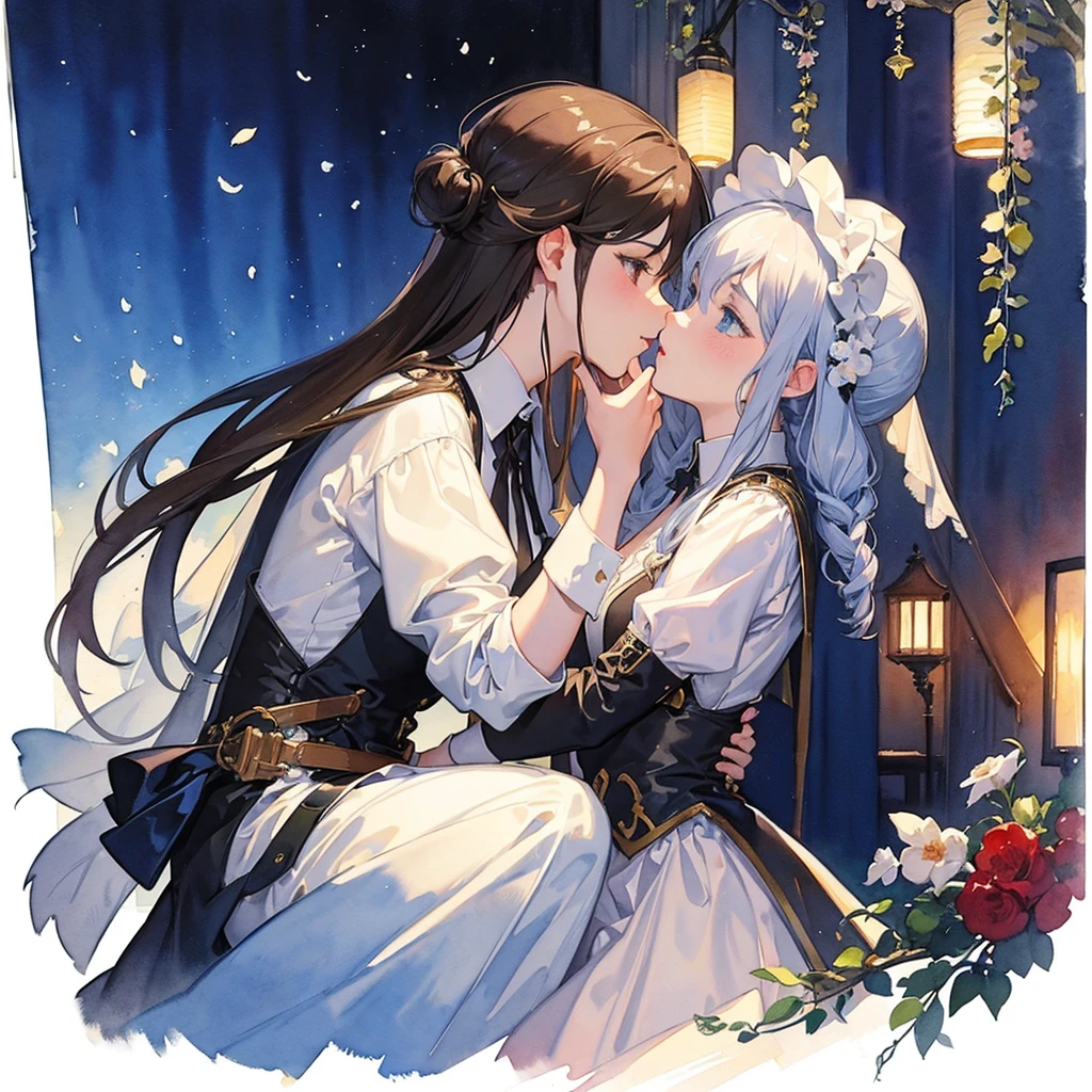 ((Watercolor by singer Sargent))、(highest quality、masterpiece)、2 girls included、kiss