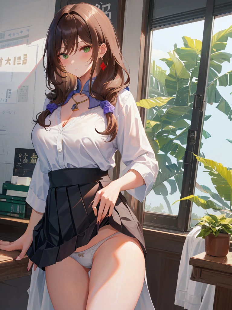 Lisa, genshin impact, 1 girl, alone, ((White school uniform)), barefoot, Naughty big breasts, cleavage, uniform, office background, black pleated skirt, mini skirt, office, hair between eyes, messy hair, large chest, long hair, looking at the viewer, brown hair, red short nails, green eyes, alone, ((long slender legs)), ((thin waist)), thighs, very long hair, ((masterpiece)), classroom, machine, Chair, board, class board, ((skirt that rolls up:1.3)), ((white panties:1.3)), ((露出したwhite panties:1.5)), Beautiful woman