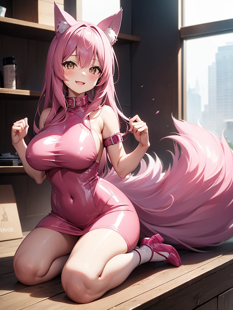 Happy , with wolf ears and pink hair, holding her cheeks, wolf tail, wearing a latex dress, looking at veiwer, full body, you can see her chest, naked breasts