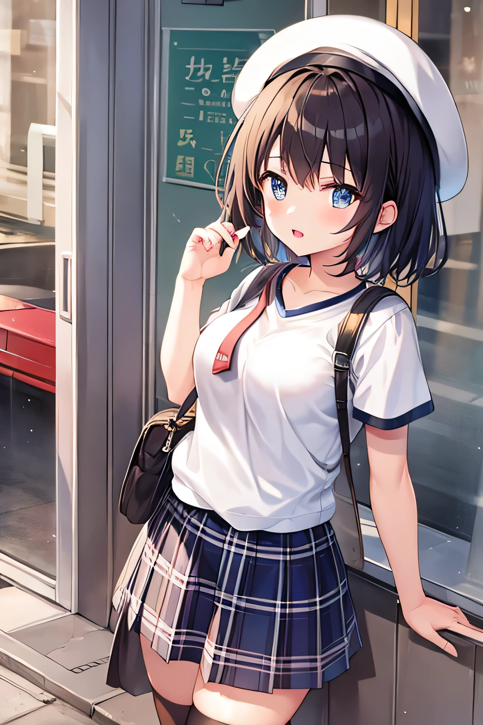 masterpiece、Highest image quality、ultra high resolution、、big breasted  girl、short hair、red face、shyly、mock、Please open your mouth just a little、short sleeve casual clothes、Casual mini skirt for elementary school socks for elementary school girls、Beret for  girls、Skyscraper、outdoor