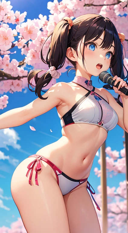 1 girl, alone, long hair, (twin tails:1.5), cherry blossom hair, blue eyes, beautiful and fine eyes, idol girl, expressive face, Singing Face, light, colorful, high contrast, (masterpiece), wallpaper, dynamic pose, cute face, C-cup elastic breasts, thin waist, peach butt