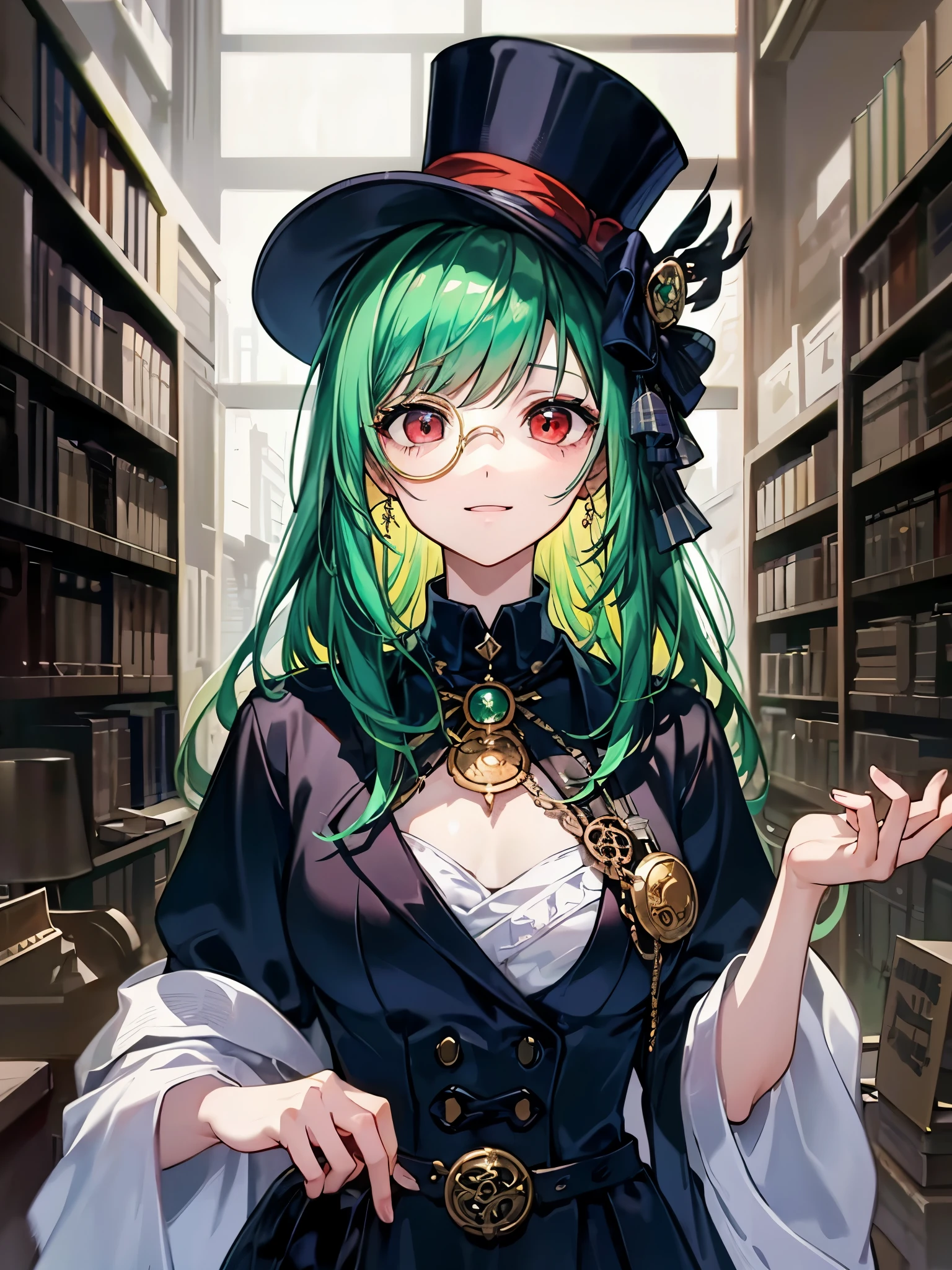 (((masterpiece、Highest image quality、highest quality、highly detailed unity 8kwallpaper)))、((Illustration of one girl、upper body))、(((beautiful girl)))、(librarian)、(Emerald green hair、messy hair、sidelocks:1.2、red eyes、crazy smile)、(((flat chest)))、(((monocle)))、pocket watch、(((Black top hat、Black tuxedo)))、great medieval library、Large amount of books