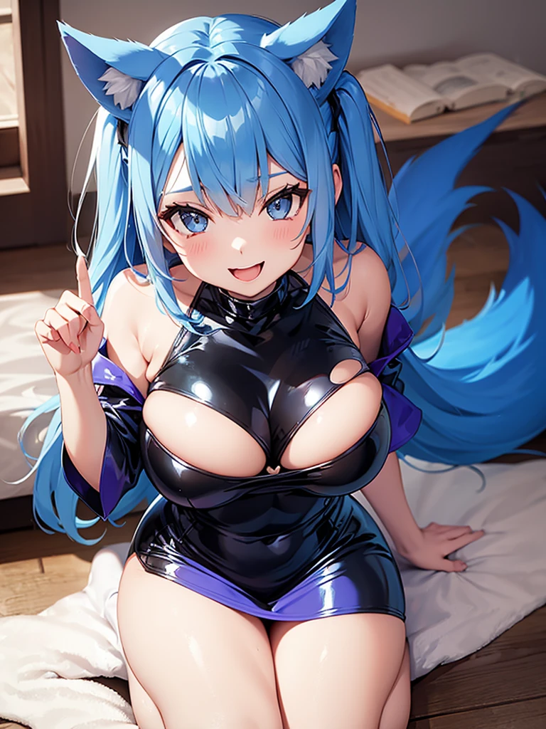 Happy woman, with wolf ears and blue hair, holding her cheeks, wolf tail, wearing a latex dress, looking at veiwer, full body, you can see her chest, naked breasts