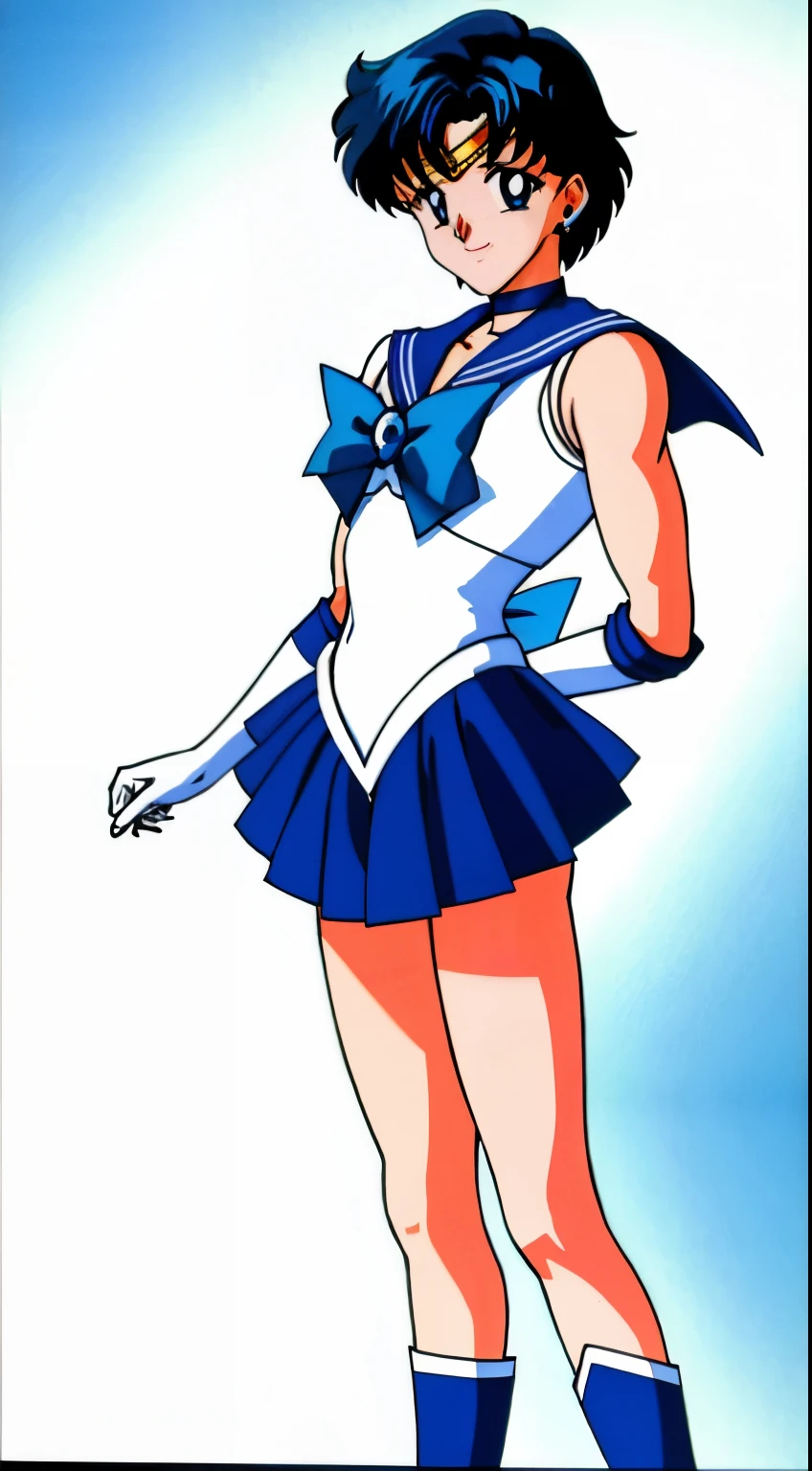 Top Quality Anime Art、masterpiece、high definition anime art、アニメstyle8K、High resolution、Boy standing、Very short blue-haired boy、jewelry、Blue-eyed boy、Golden Circlet、earrings、solo、Strong muscles、Sailor Senshi Uniform、Muscular and strong、white gloves、elbow bag、blue choker、Blue Heeled Boots、white leotard、high leg leotard、white dress、blue sailor collar、Sky blue bow tie、mini skirt、pleated skirt、blue skirt、muscular man、smile、Bare shoulders、bare legs、Hymns to the King as a Prince, an retro anime image、Full body close-up shot、anime dick. Rogue Anime Boy、soft lighting、male focus、(1990s\(style\)0.9)、
