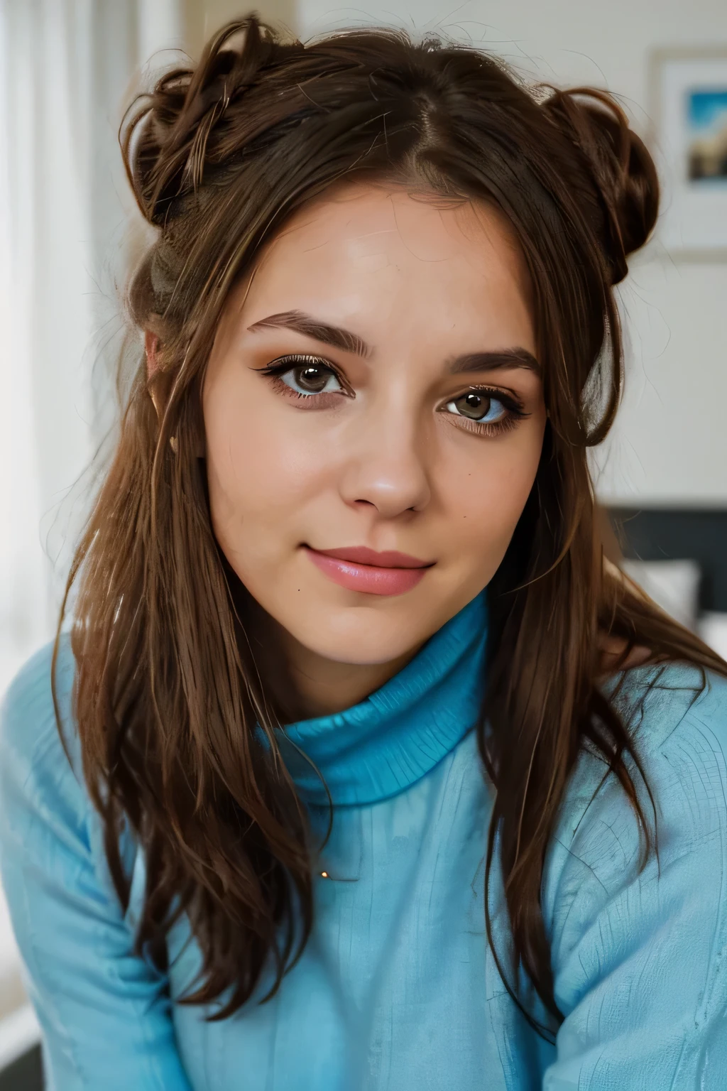 Eye contact of a brunette with bun hair, blaue Augen, ((Joana-Tor)) 23Jahrealt, Flirten mit der Kamera, Halskette, schulterfrei, bunter Pullover, Oben ohne