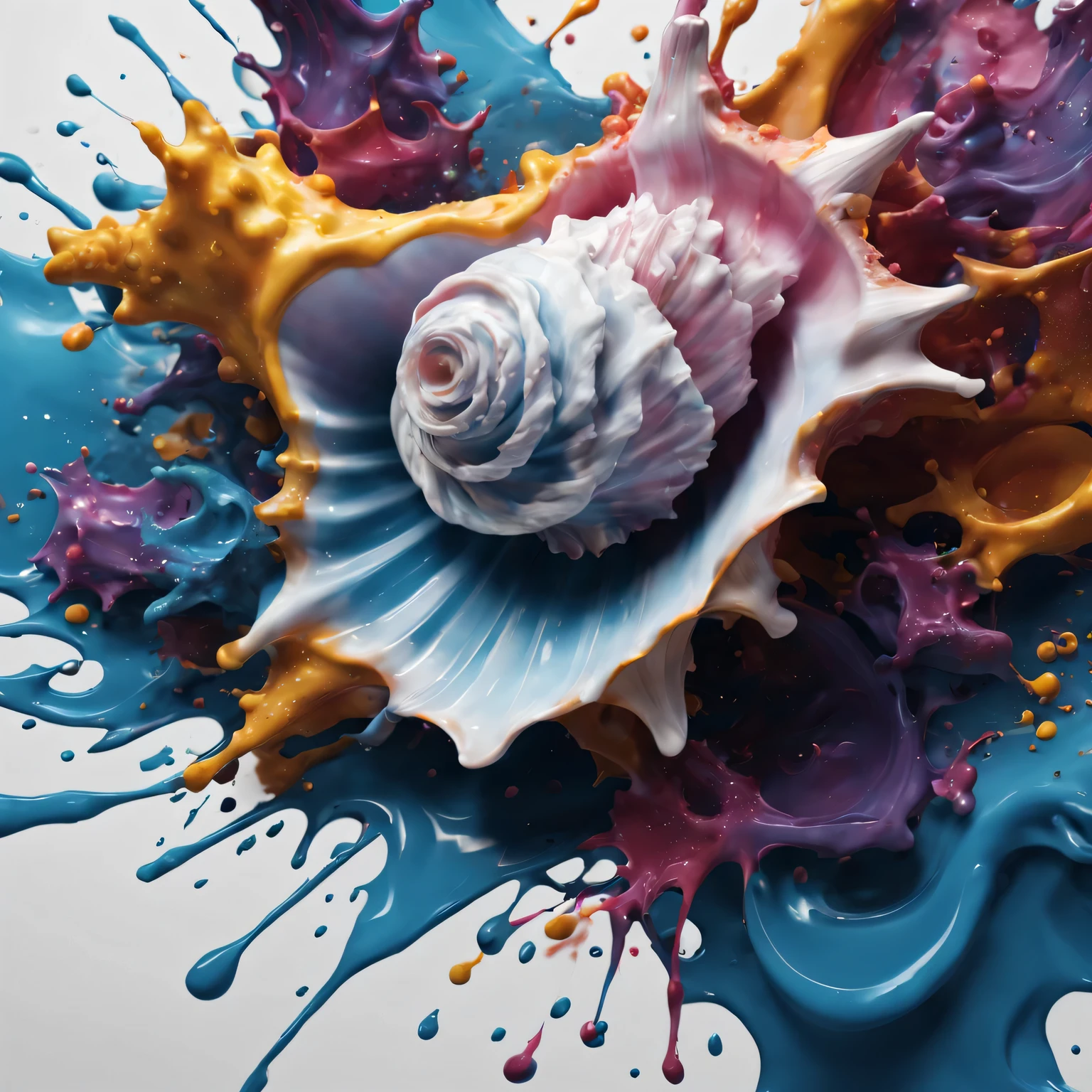 3D ink splash conch, (best quality,4K,8k,high resolution,masterpiece:1.2),Super detailed,(actual,photoactual,photo-actual:1.37), modern, bright colors, dramatic lighting, Abstractionism, complex patterns, Fascinating details, glossy finish, dynamic composition, textures true to reality, A unique perspective, surreal atmosphere, mysterious shadow