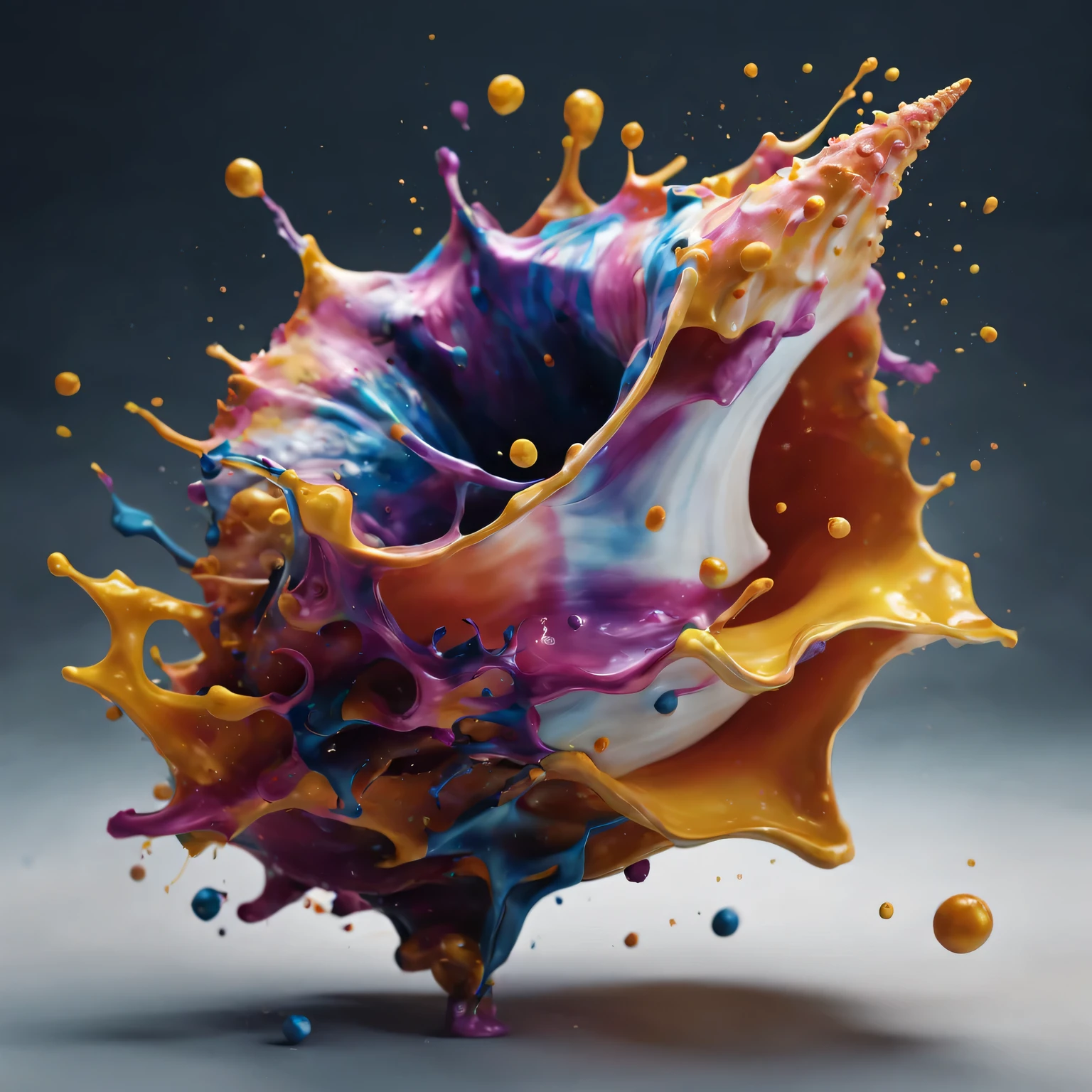 3D ink splash conch, (best quality,4K,8k,high resolution,masterpiece:1.2),Super detailed,(actual,photoactual,photo-actual:1.37), modern, bright colors, dramatic lighting, Abstractionism, complex patterns, Fascinating details, glossy finish, dynamic composition, textures true to reality, A unique perspective, surreal atmosphere, mysterious shadow